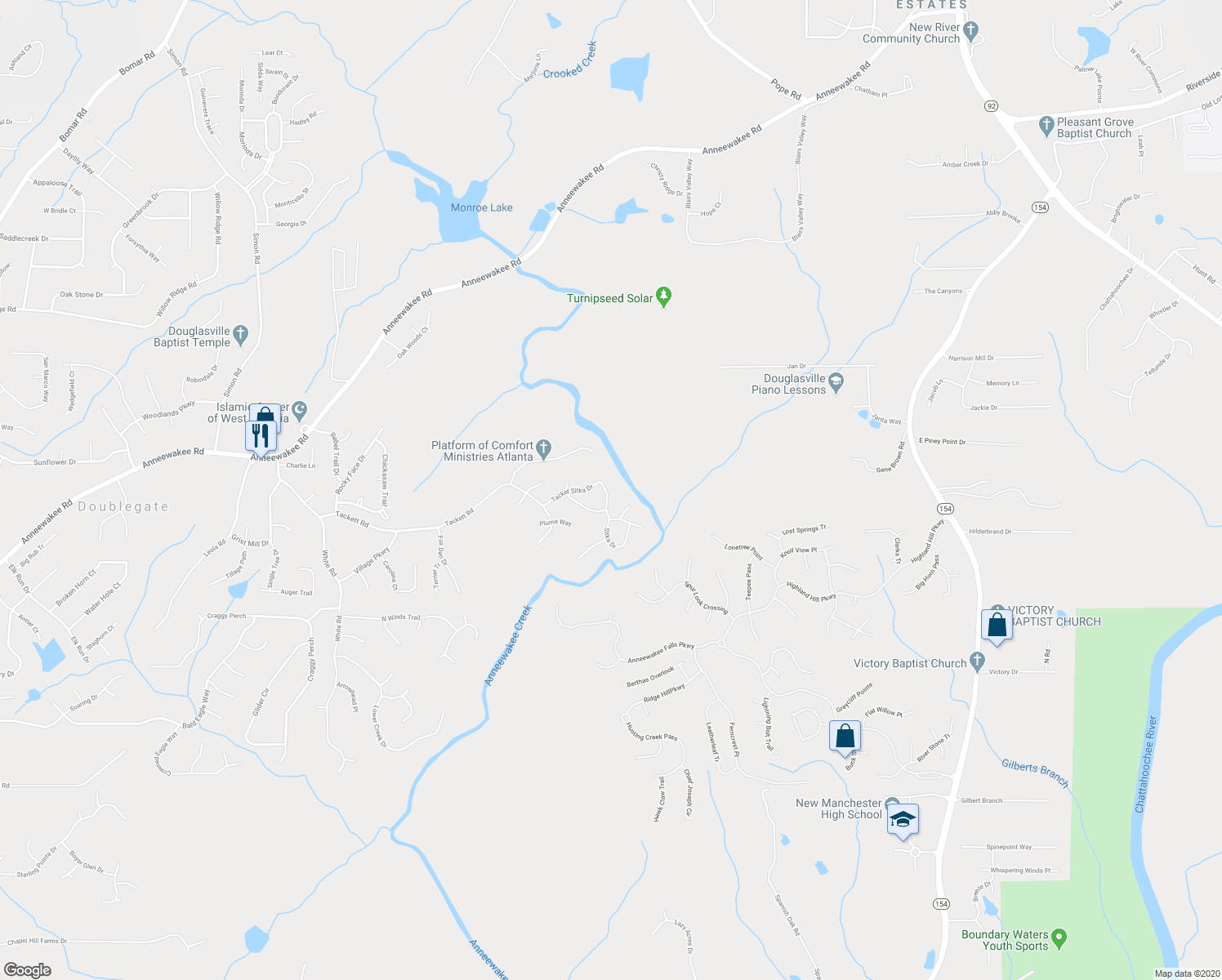 map of restaurants, bars, coffee shops, grocery stores, and more near 4124 Sitka Drive in Douglasville
