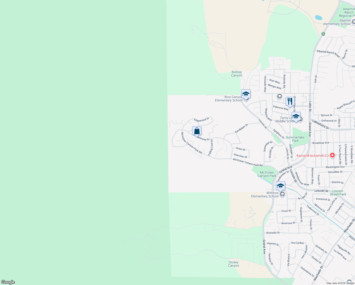 map of restaurants, bars, coffee shops, grocery stores, and more near 29396 Cascade Court in Lake Elsinore