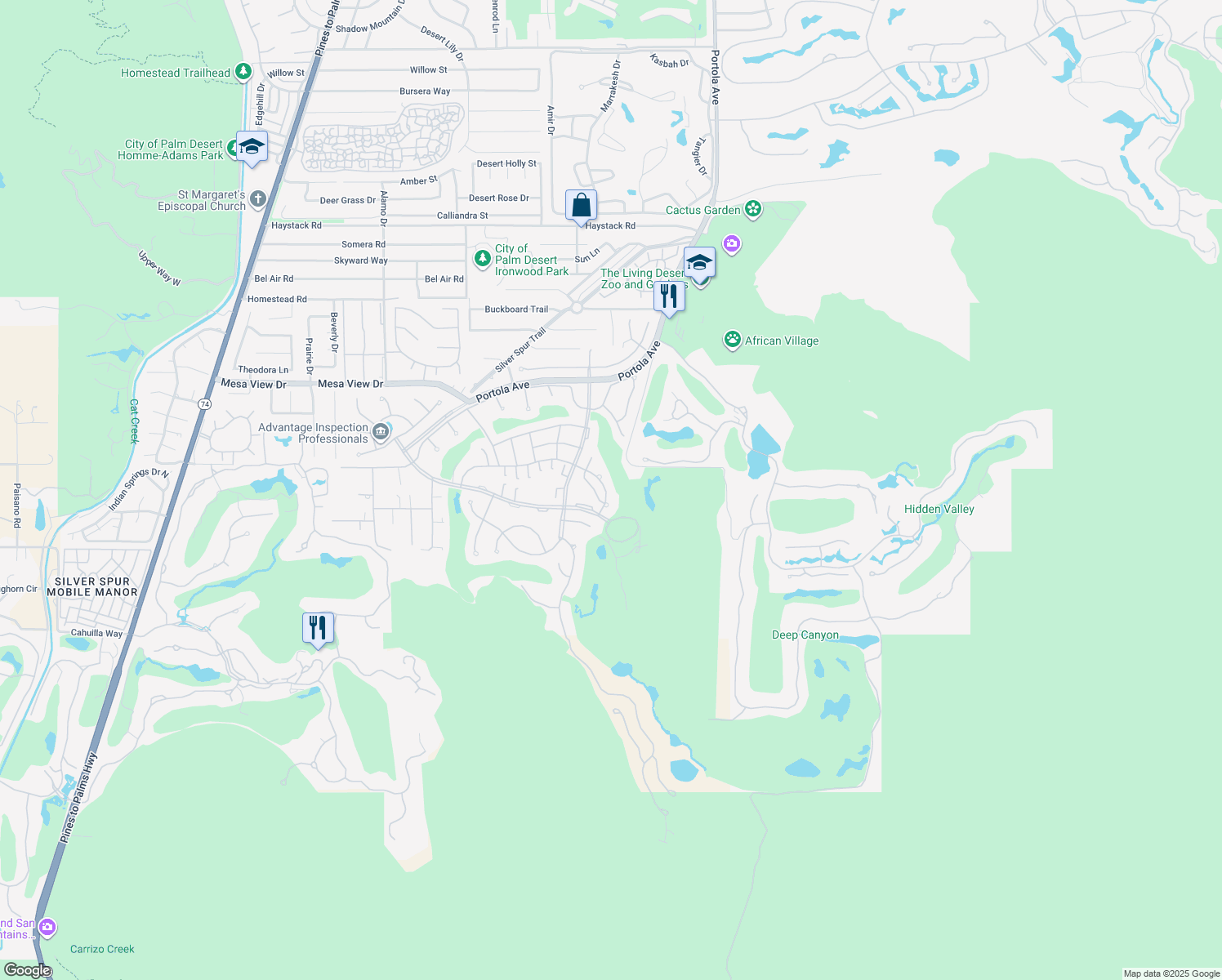 map of restaurants, bars, coffee shops, grocery stores, and more near 49006 Foxtail Lane in Palm Desert