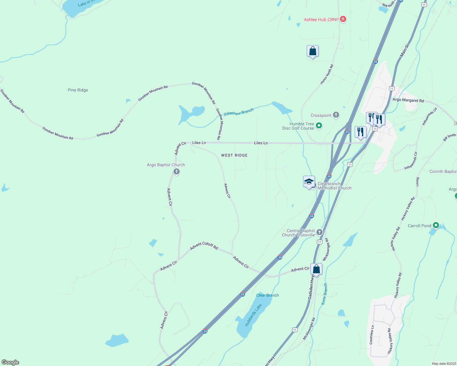 map of restaurants, bars, coffee shops, grocery stores, and more near 6854 Advent Circle in Trussville