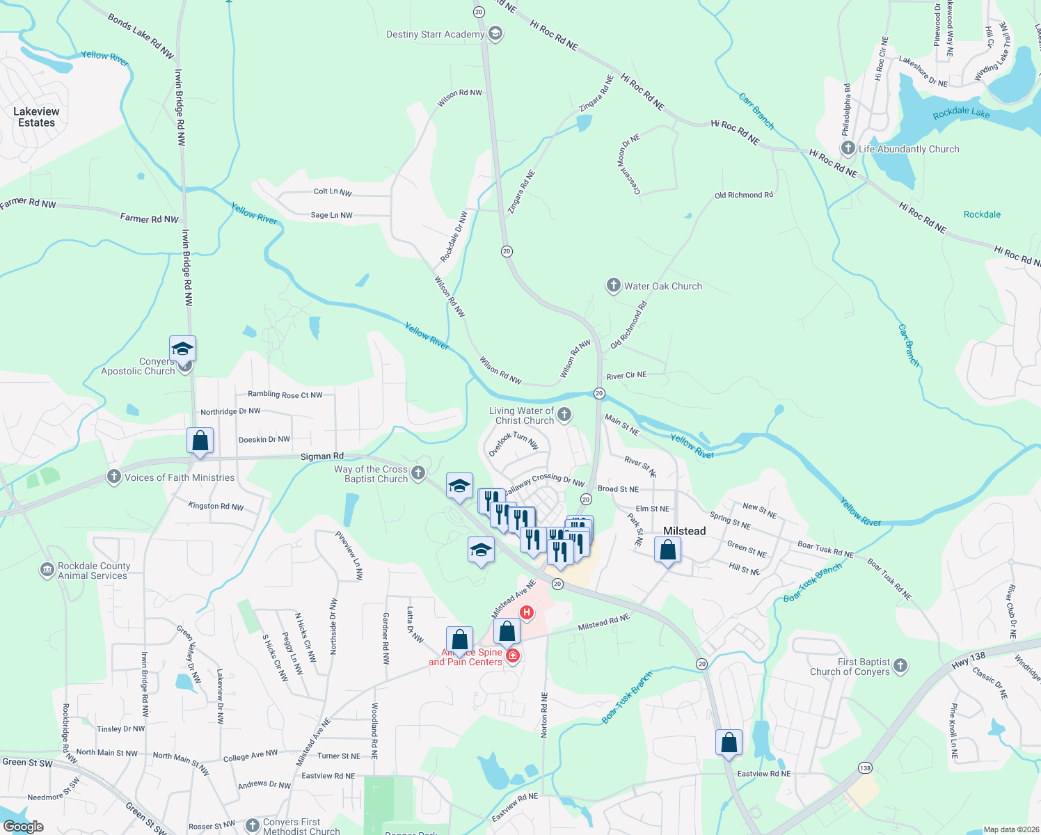 map of restaurants, bars, coffee shops, grocery stores, and more near 1660 Callaway Loop in Conyers