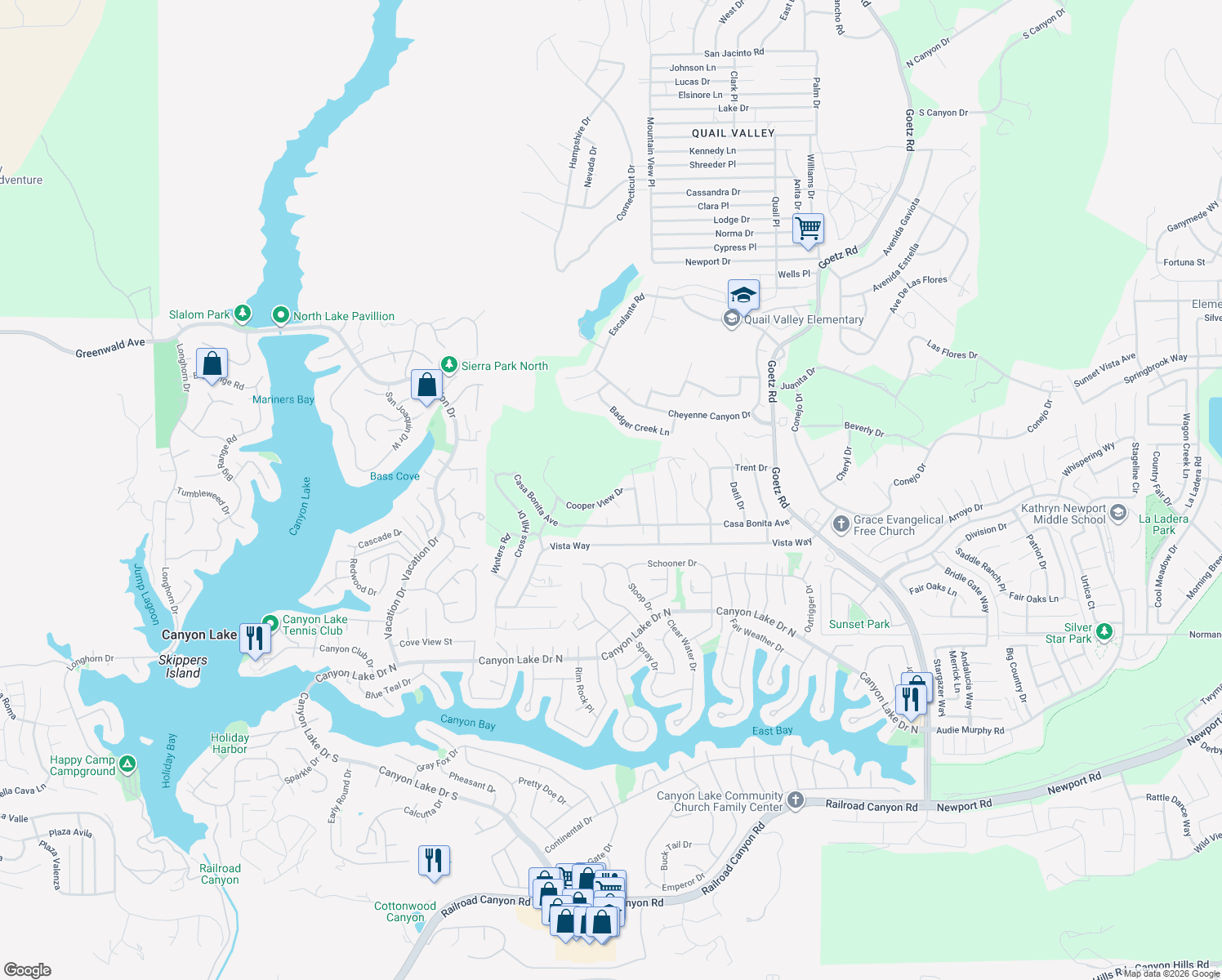 map of restaurants, bars, coffee shops, grocery stores, and more near Cooper View Drive in Menifee