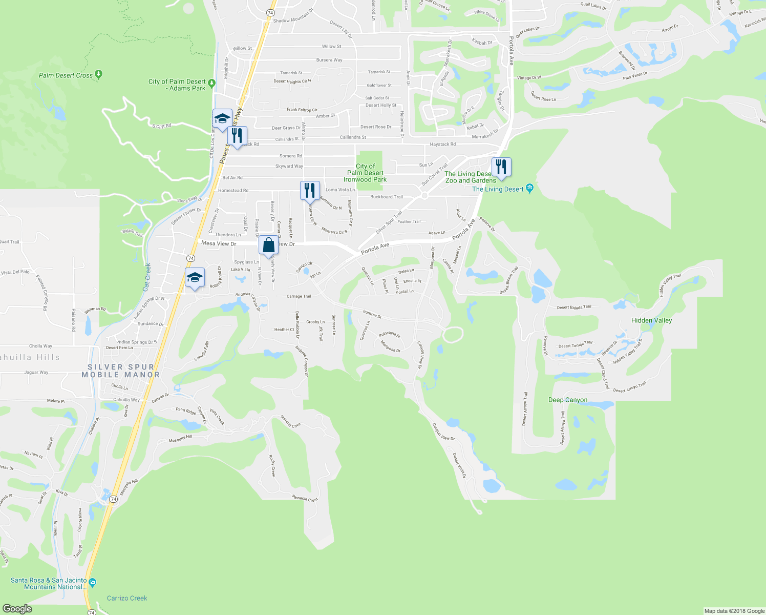 map of restaurants, bars, coffee shops, grocery stores, and more near 73415 Foxtail Lane in Palm Desert