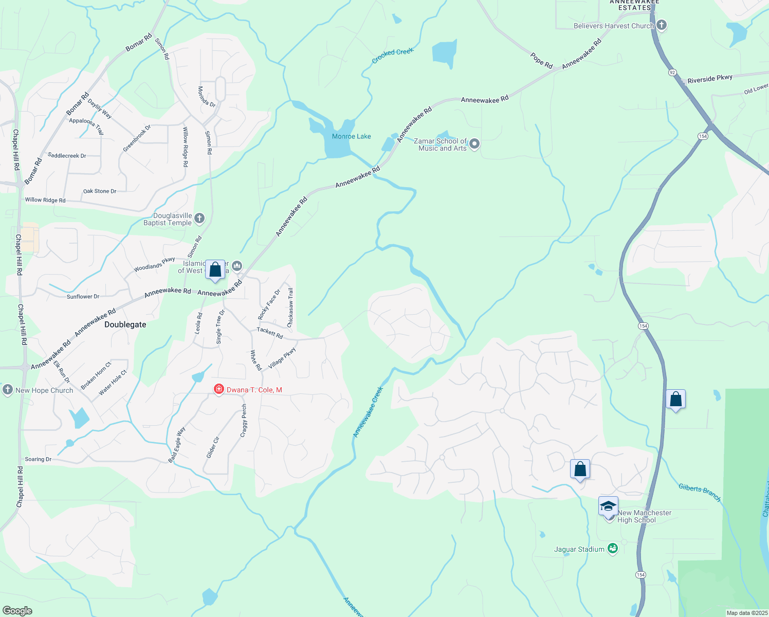 map of restaurants, bars, coffee shops, grocery stores, and more near 4270 North Braves Circle in Douglasville