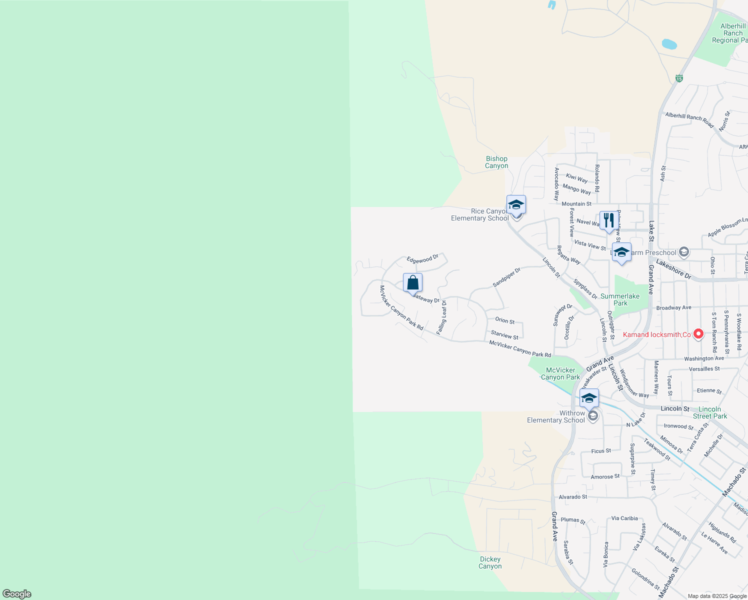 map of restaurants, bars, coffee shops, grocery stores, and more near 29396 Cascade Court in Lake Elsinore