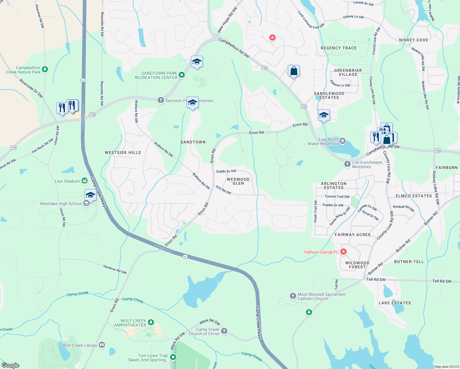 map of restaurants, bars, coffee shops, grocery stores, and more near 5145 Kerry Drive Southwest in Atlanta