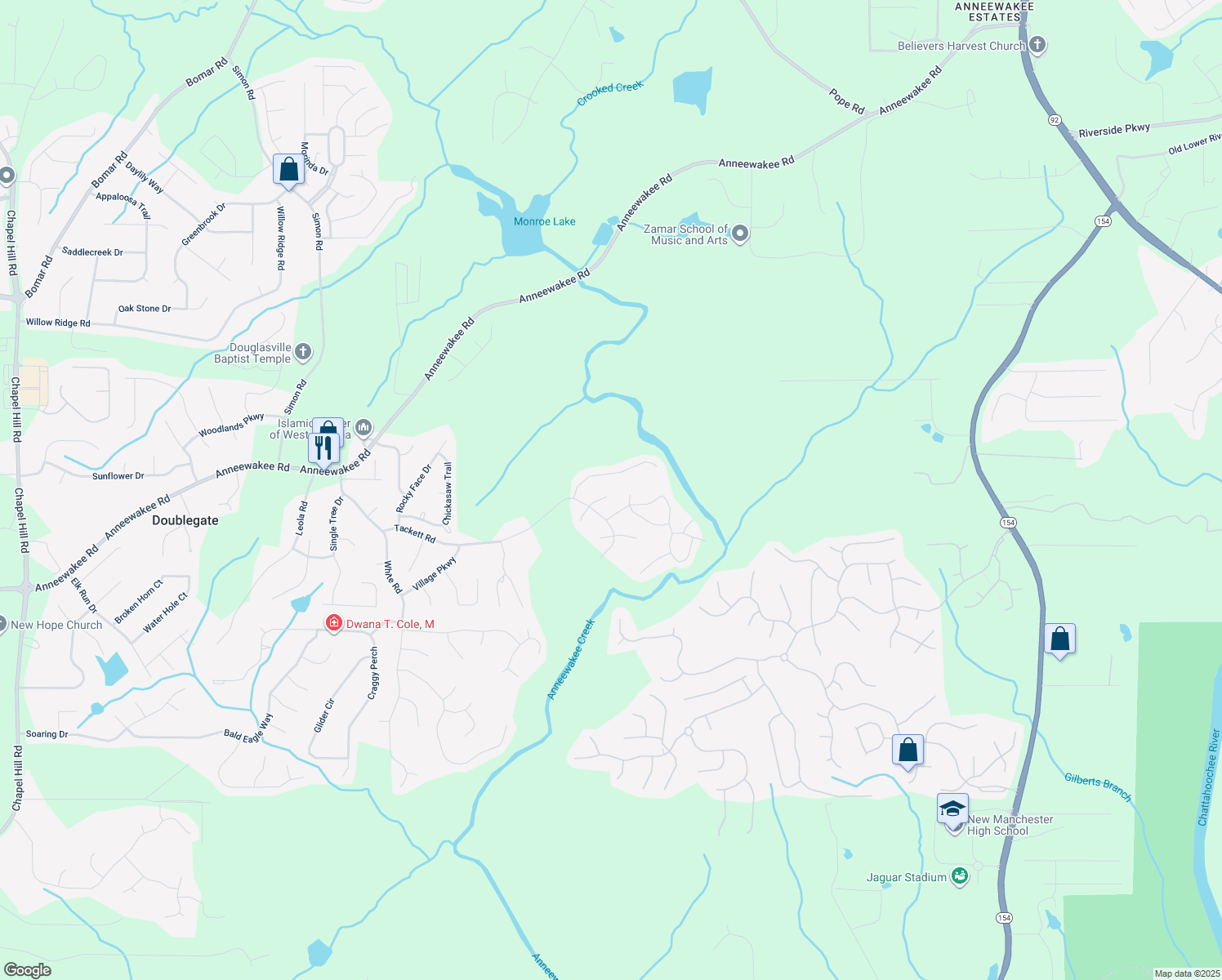 map of restaurants, bars, coffee shops, grocery stores, and more near 4240 North Braves Circle in Douglasville
