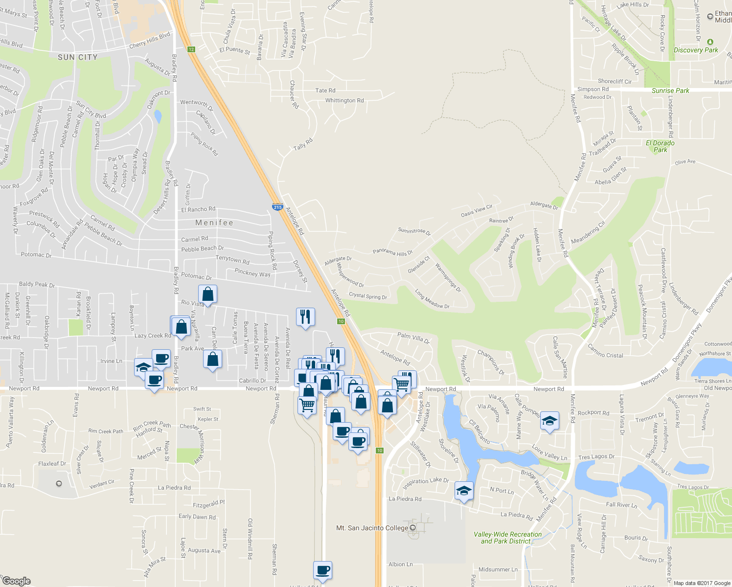 map of restaurants, bars, coffee shops, grocery stores, and more near 27956 Crystal Spring Drive in Menifee