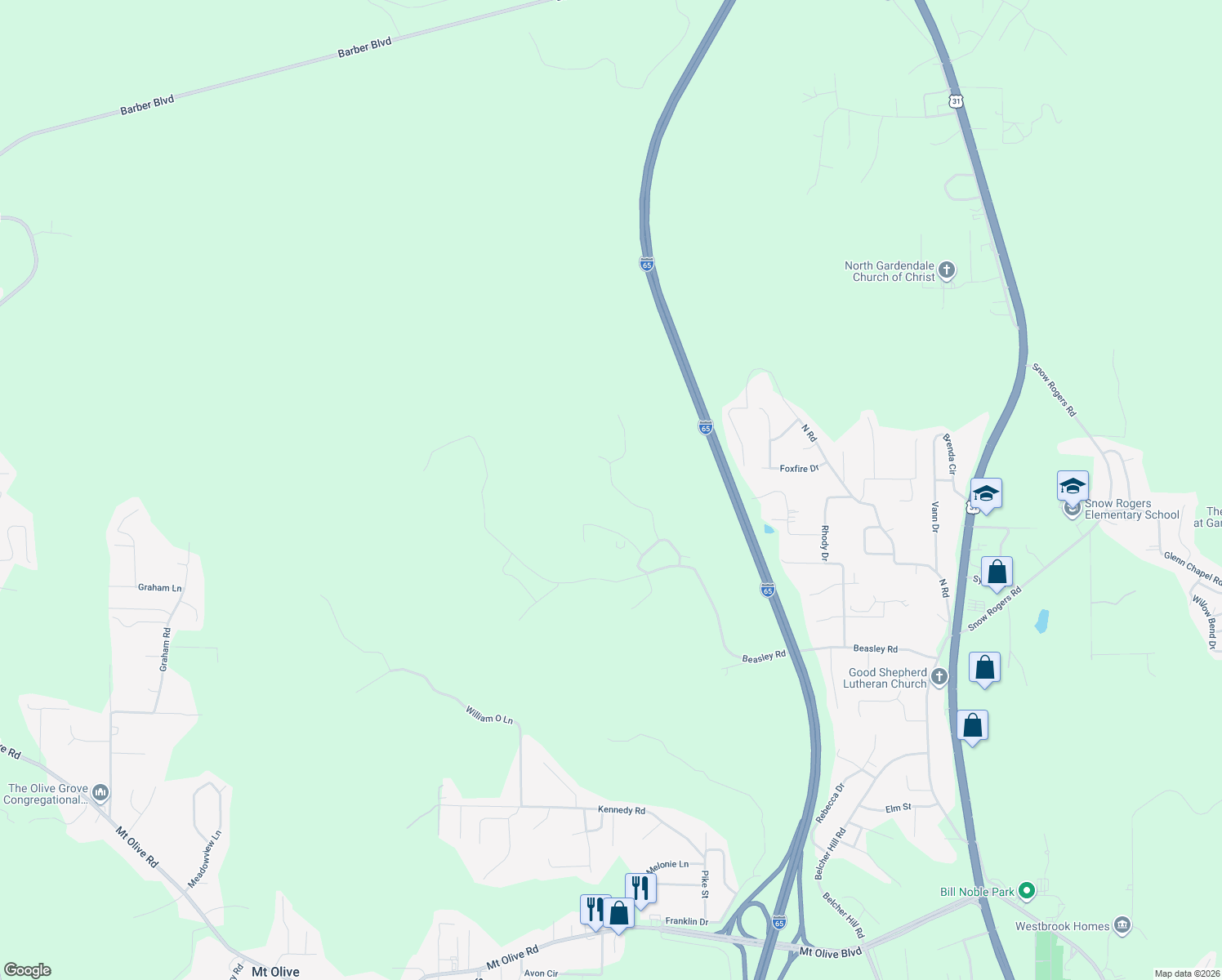 map of restaurants, bars, coffee shops, grocery stores, and more near 826 Mountainview Drive in Gardendale