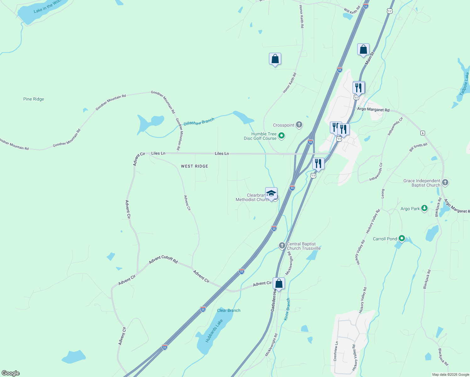 map of restaurants, bars, coffee shops, grocery stores, and more near 6490 Winslow Parc Lane in Trussville