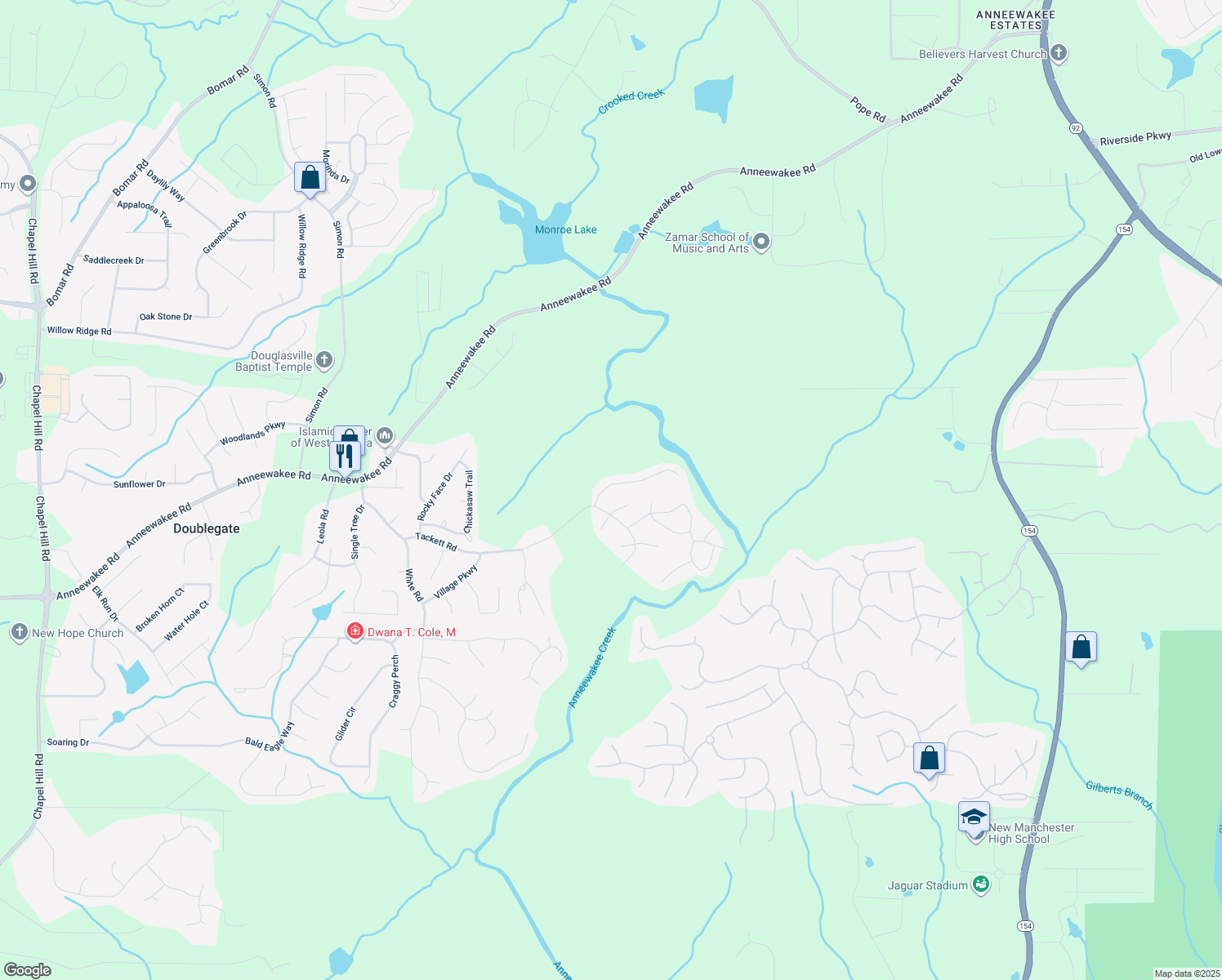 map of restaurants, bars, coffee shops, grocery stores, and more near 4270 North Braves Circle in Douglasville
