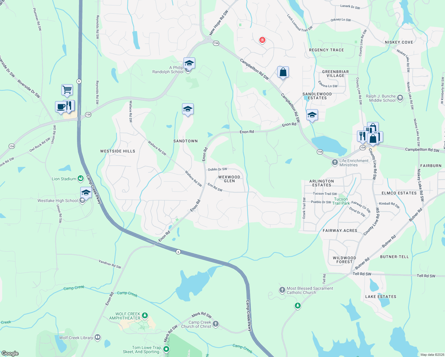 map of restaurants, bars, coffee shops, grocery stores, and more near 5145 Kerry Drive Southwest in Atlanta