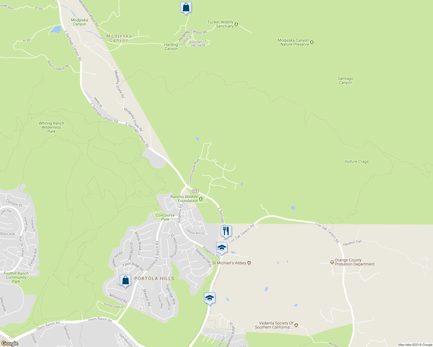 map of restaurants, bars, coffee shops, grocery stores, and more near 18621 Crystal Canyon Road in Silverado