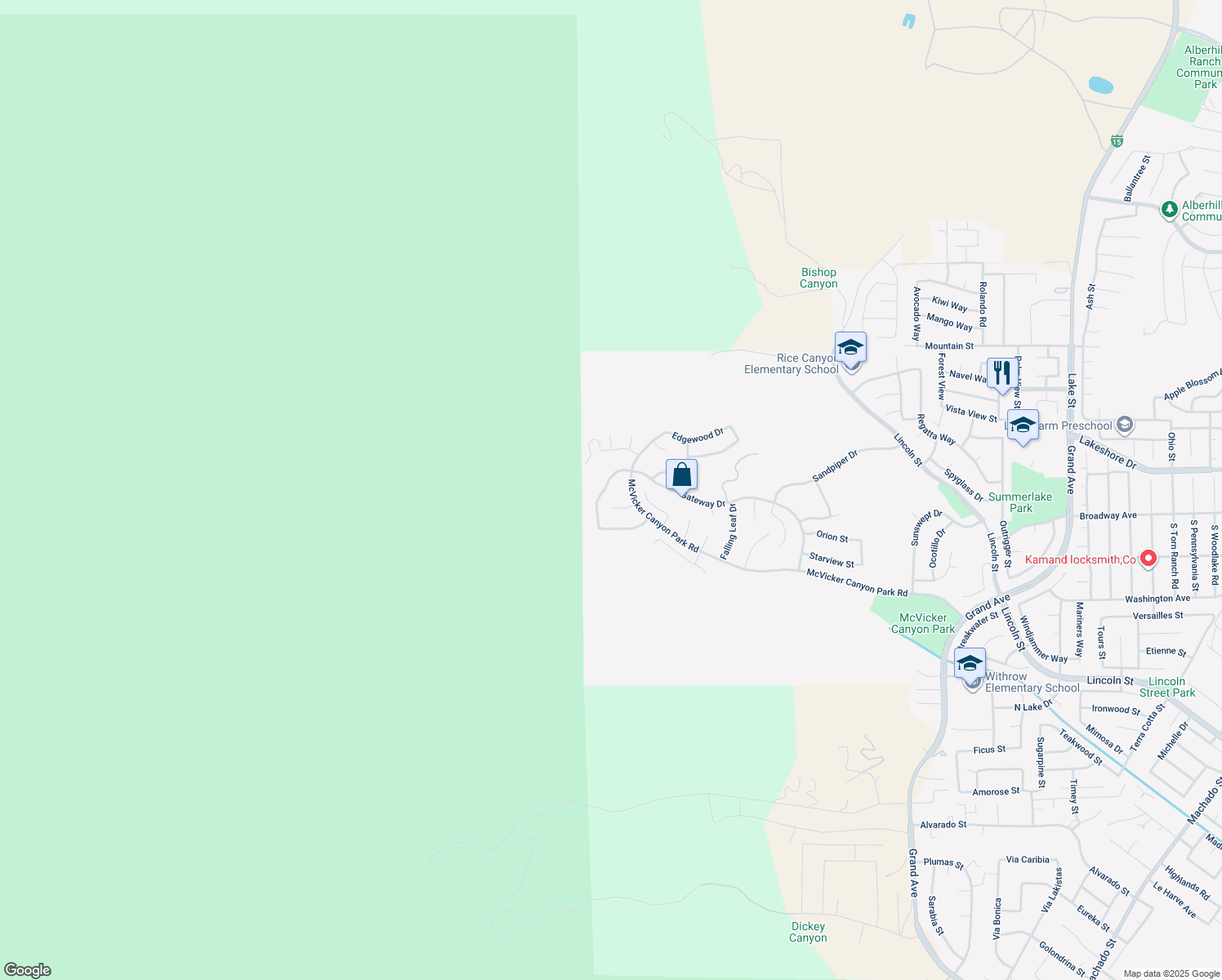 map of restaurants, bars, coffee shops, grocery stores, and more near 29204 Gateway Drive in Lake Elsinore