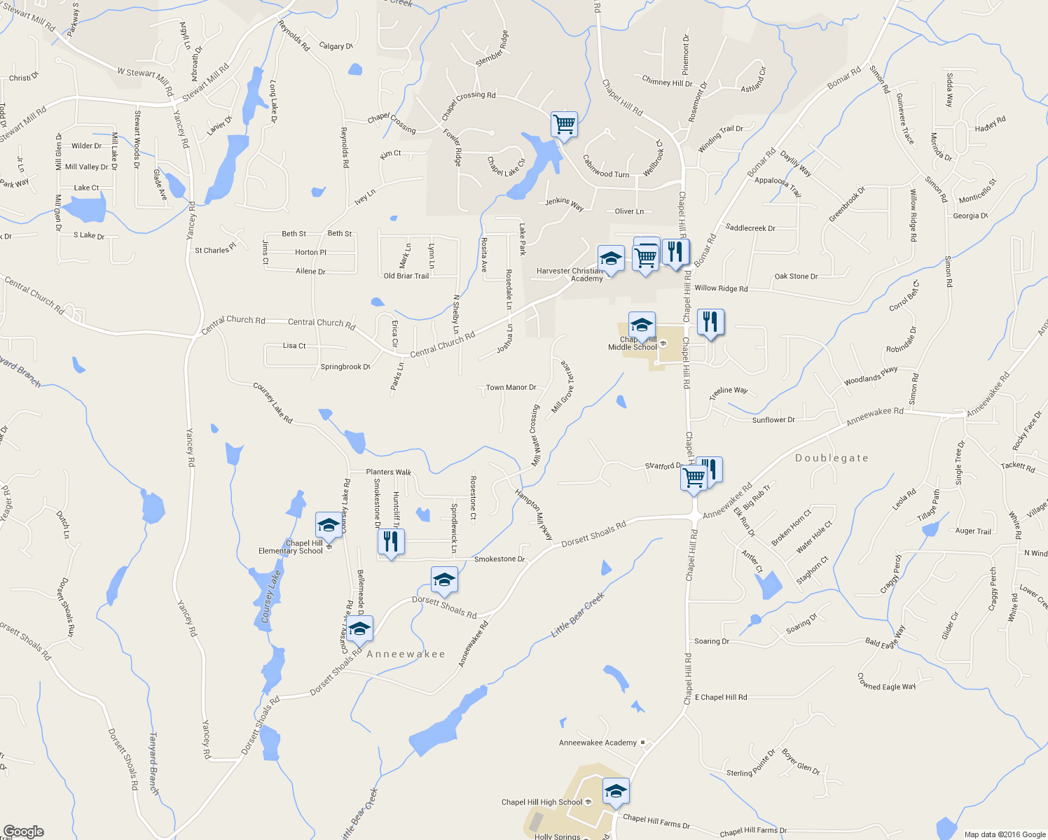 map of restaurants, bars, coffee shops, grocery stores, and more near 4514 Mill Water Crossing in Douglasville