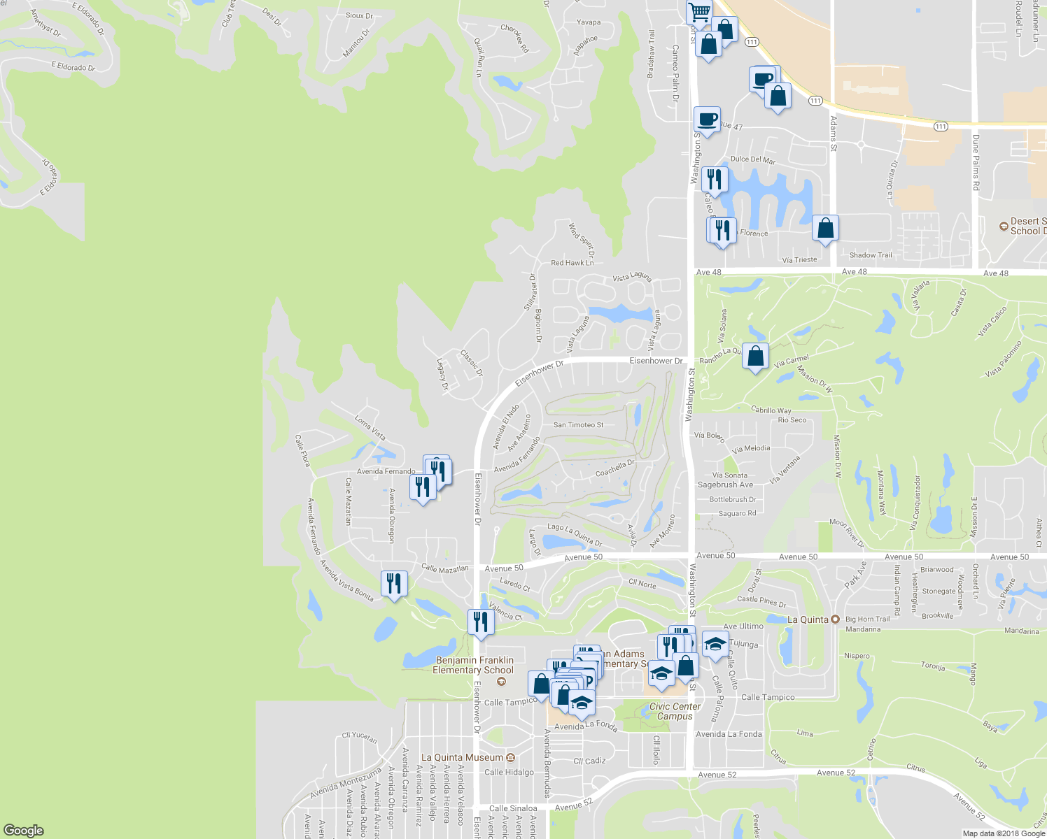 map of restaurants, bars, coffee shops, grocery stores, and more near 48901 Avenue Anselmo in La Quinta