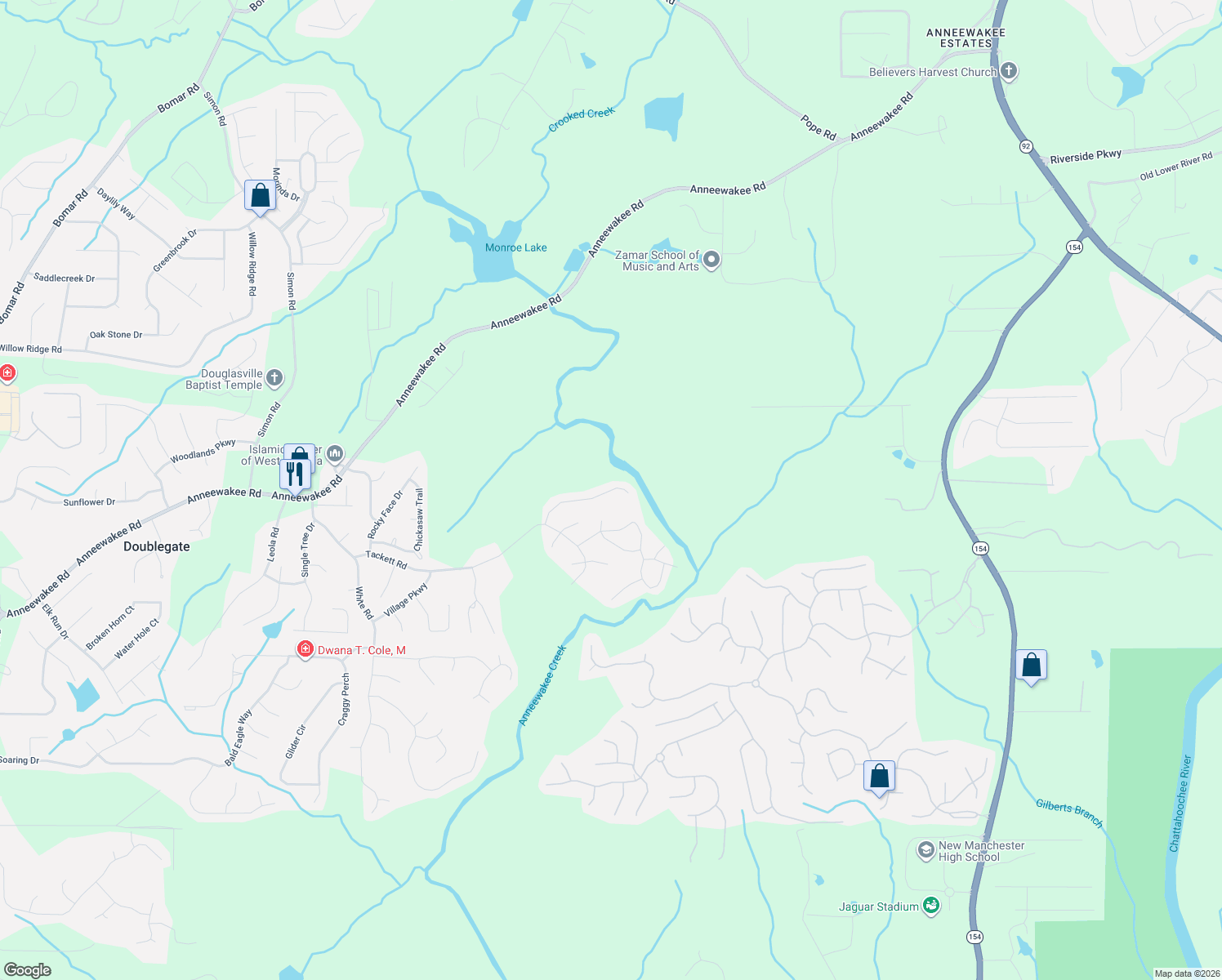 map of restaurants, bars, coffee shops, grocery stores, and more near 4146 Arnolds Mill Overpass in Douglasville
