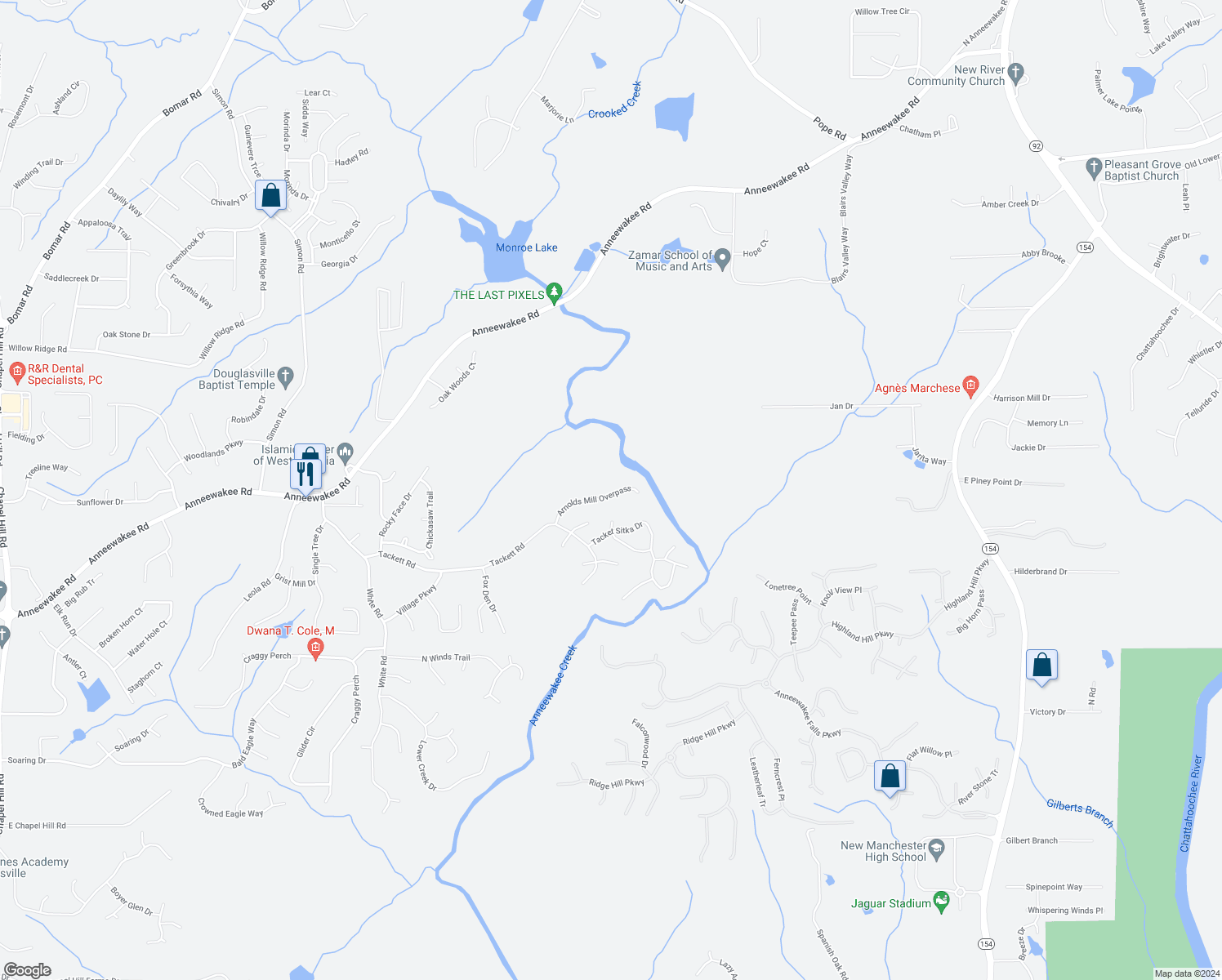 map of restaurants, bars, coffee shops, grocery stores, and more near 4146 Arnolds Mill Overpass in Douglasville