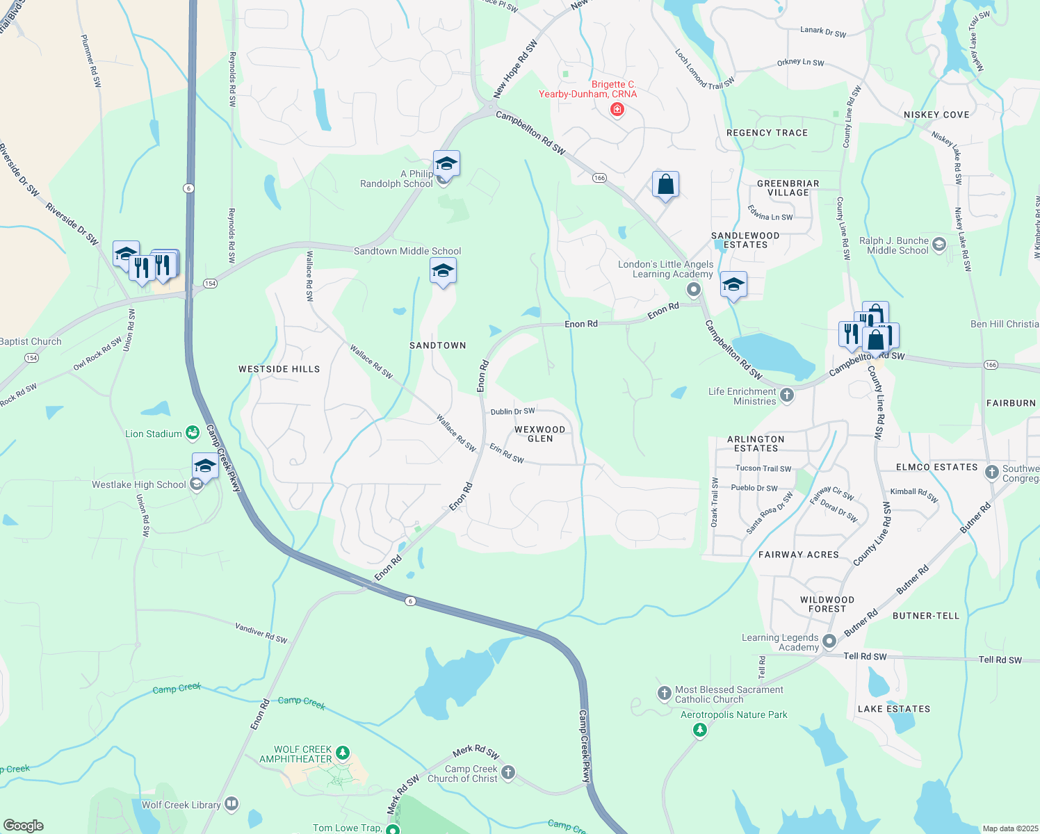 map of restaurants, bars, coffee shops, grocery stores, and more near 5145 Dublin Drive Southwest in Atlanta