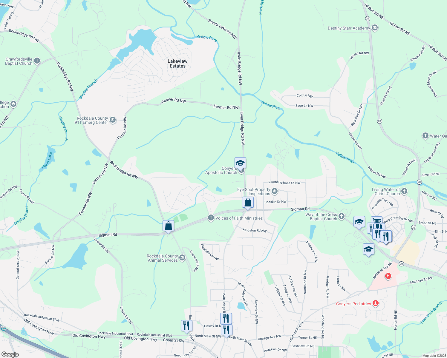 map of restaurants, bars, coffee shops, grocery stores, and more near 1870 Irwin Bridge Rd NW in Conyers