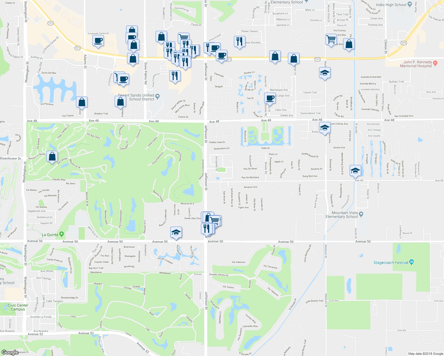 map of restaurants, bars, coffee shops, grocery stores, and more near 80150 Malaga Gate in Indio