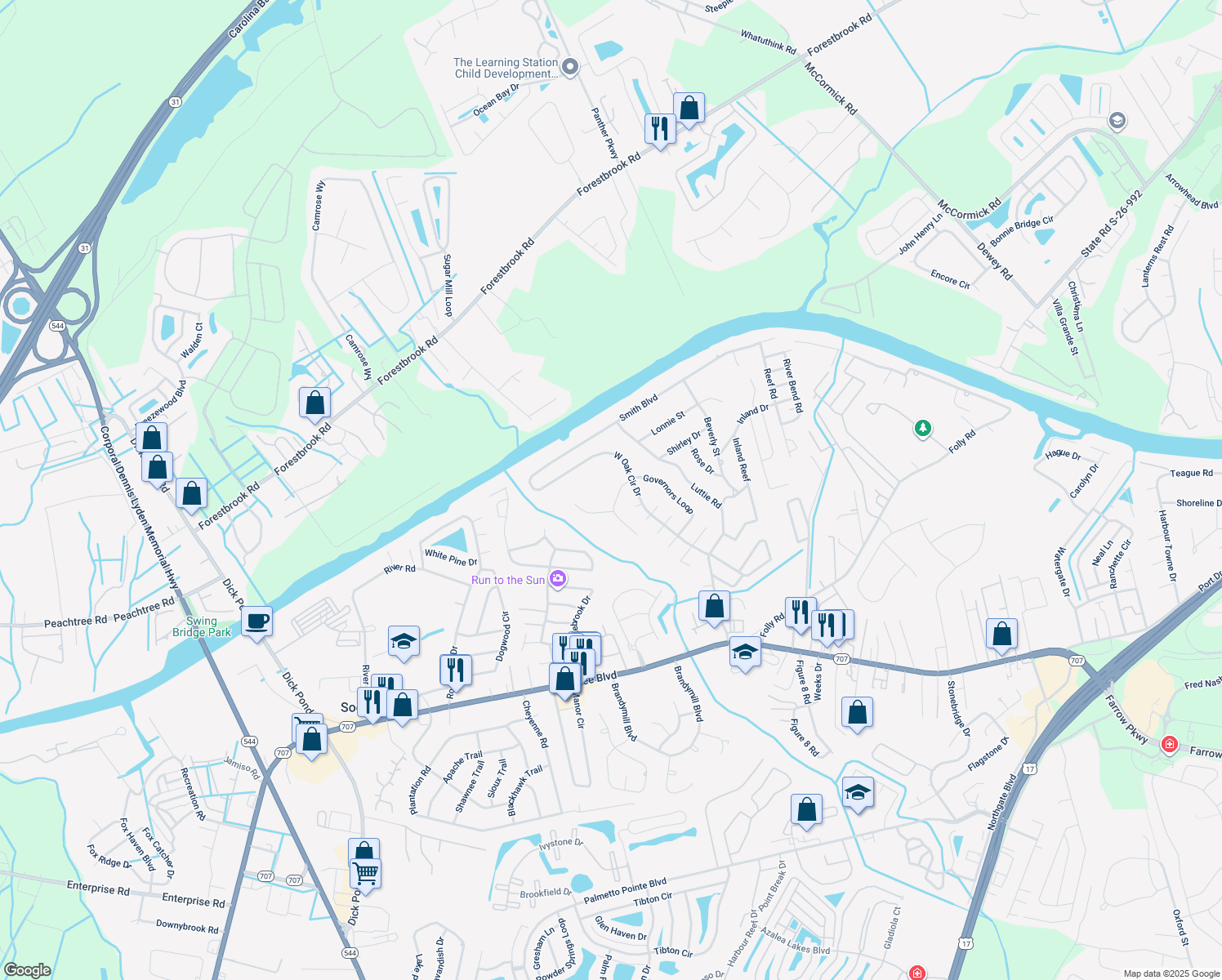 map of restaurants, bars, coffee shops, grocery stores, and more near 216 Colby Ct in Myrtle Beach