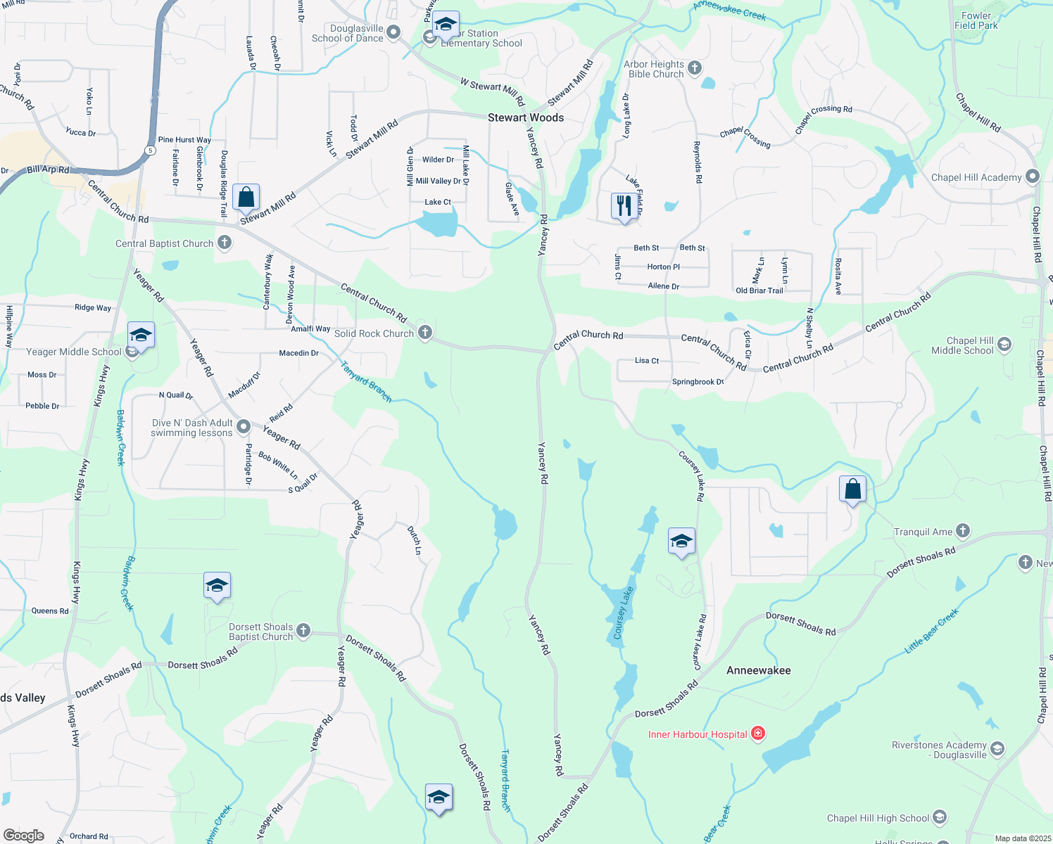 map of restaurants, bars, coffee shops, grocery stores, and more near 4149 Yancey Road in Douglasville