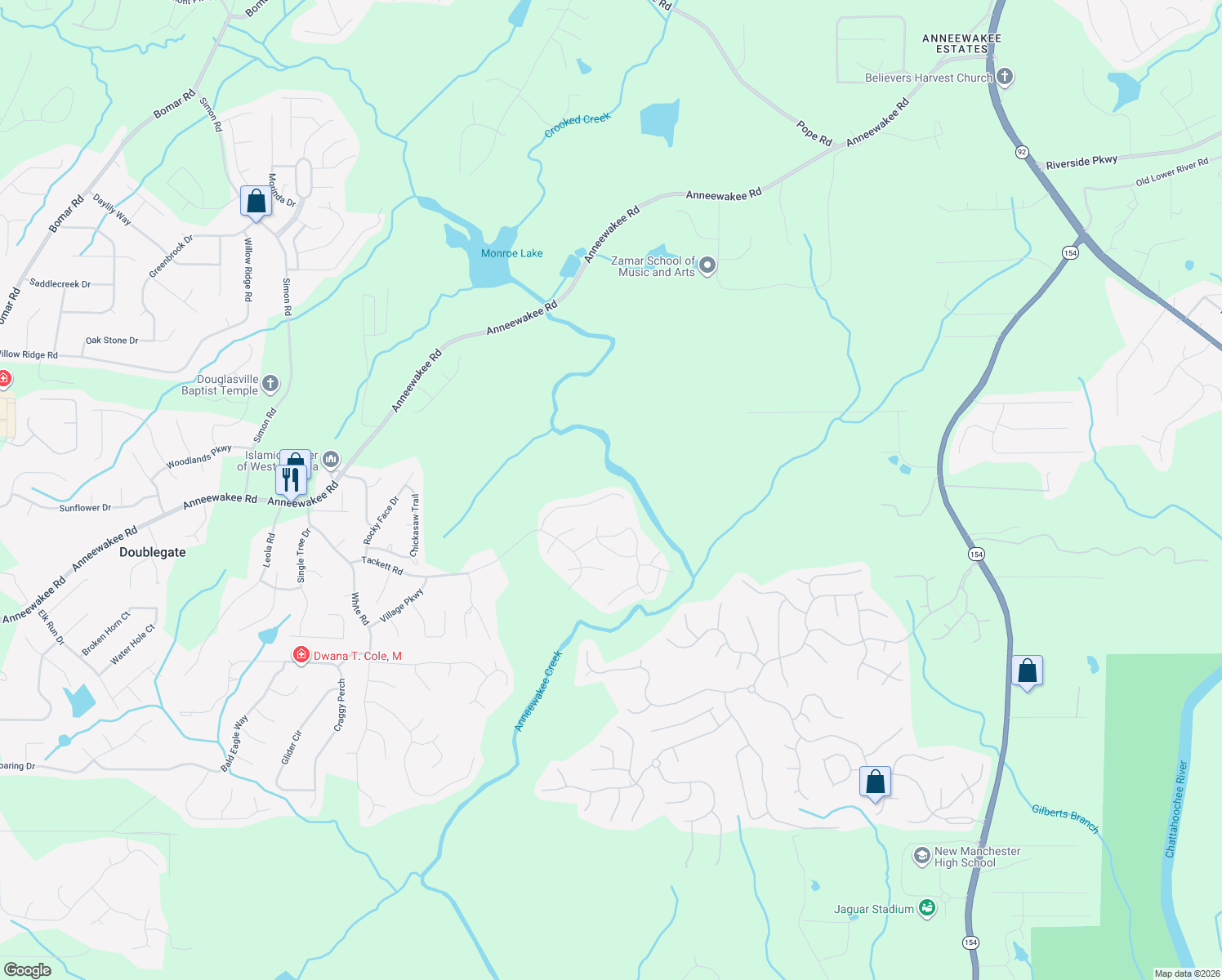 map of restaurants, bars, coffee shops, grocery stores, and more near 4106 Arnolds Mill Overpass in Douglasville