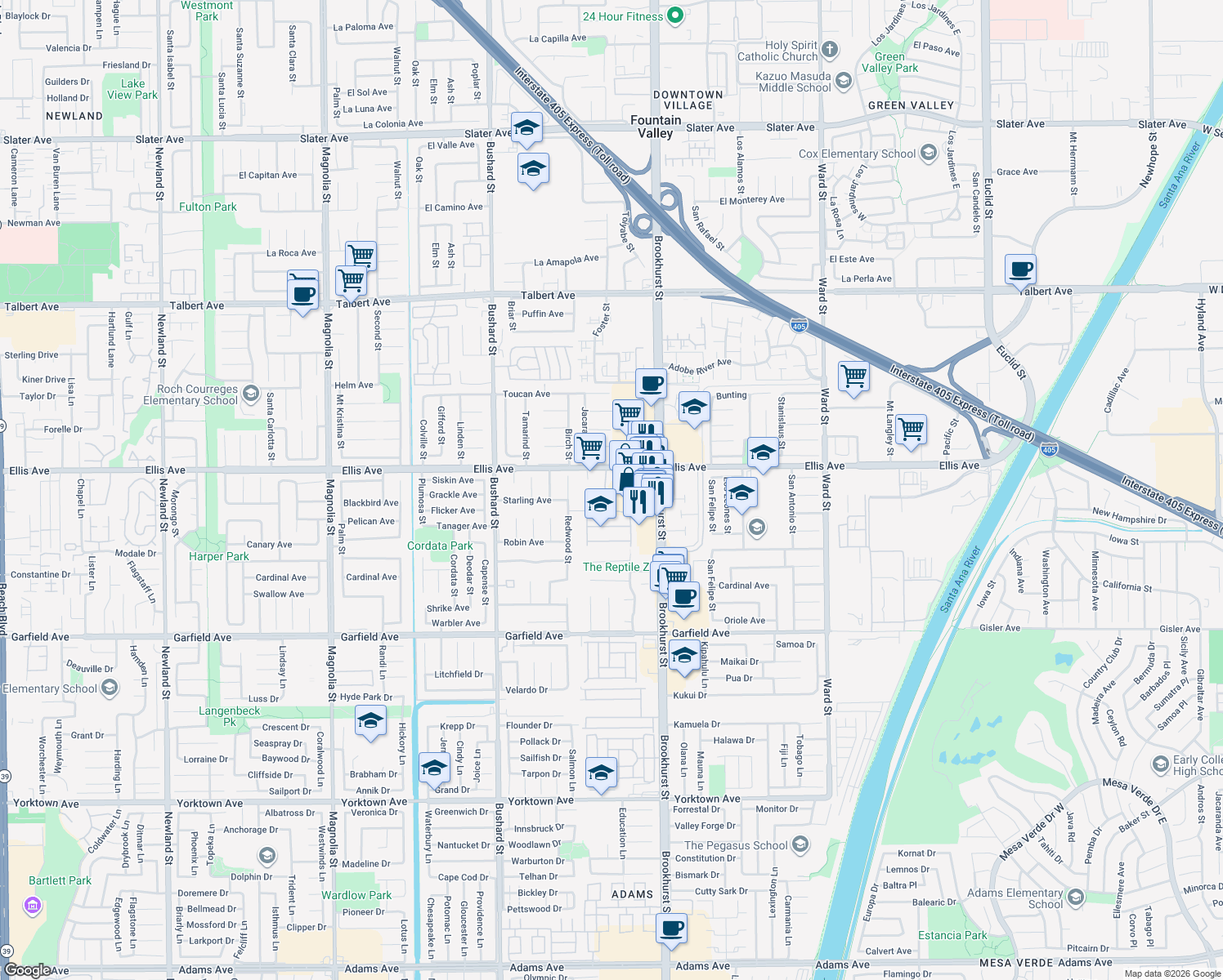 map of restaurants, bars, coffee shops, grocery stores, and more near 18568 Callens Circle in Fountain Valley