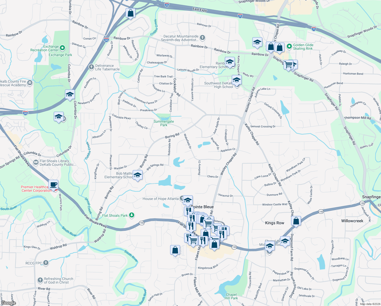 map of restaurants, bars, coffee shops, grocery stores, and more near 3829 Gothic Elm Ct in Decatur