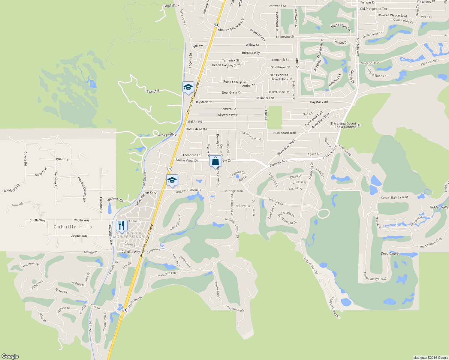 map of restaurants, bars, coffee shops, grocery stores, and more near 48637 Wolfberry Court in Palm Desert