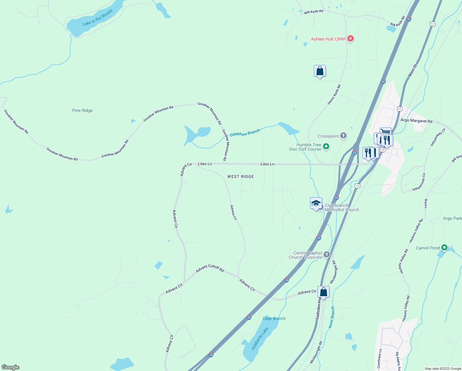 map of restaurants, bars, coffee shops, grocery stores, and more near 6764 Advent Circle in Trussville