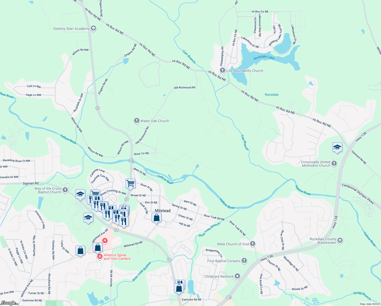 map of restaurants, bars, coffee shops, grocery stores, and more near 1786 Richard Road Northeast in Conyers