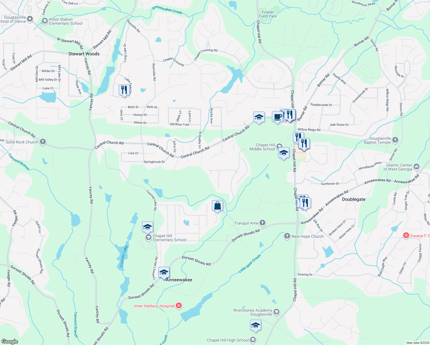 map of restaurants, bars, coffee shops, grocery stores, and more near 4617 Town Manor Drive in Douglasville