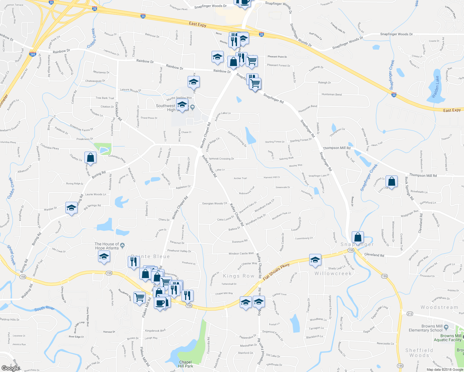 map of restaurants, bars, coffee shops, grocery stores, and more near 3183 Robinwood Trail in Decatur