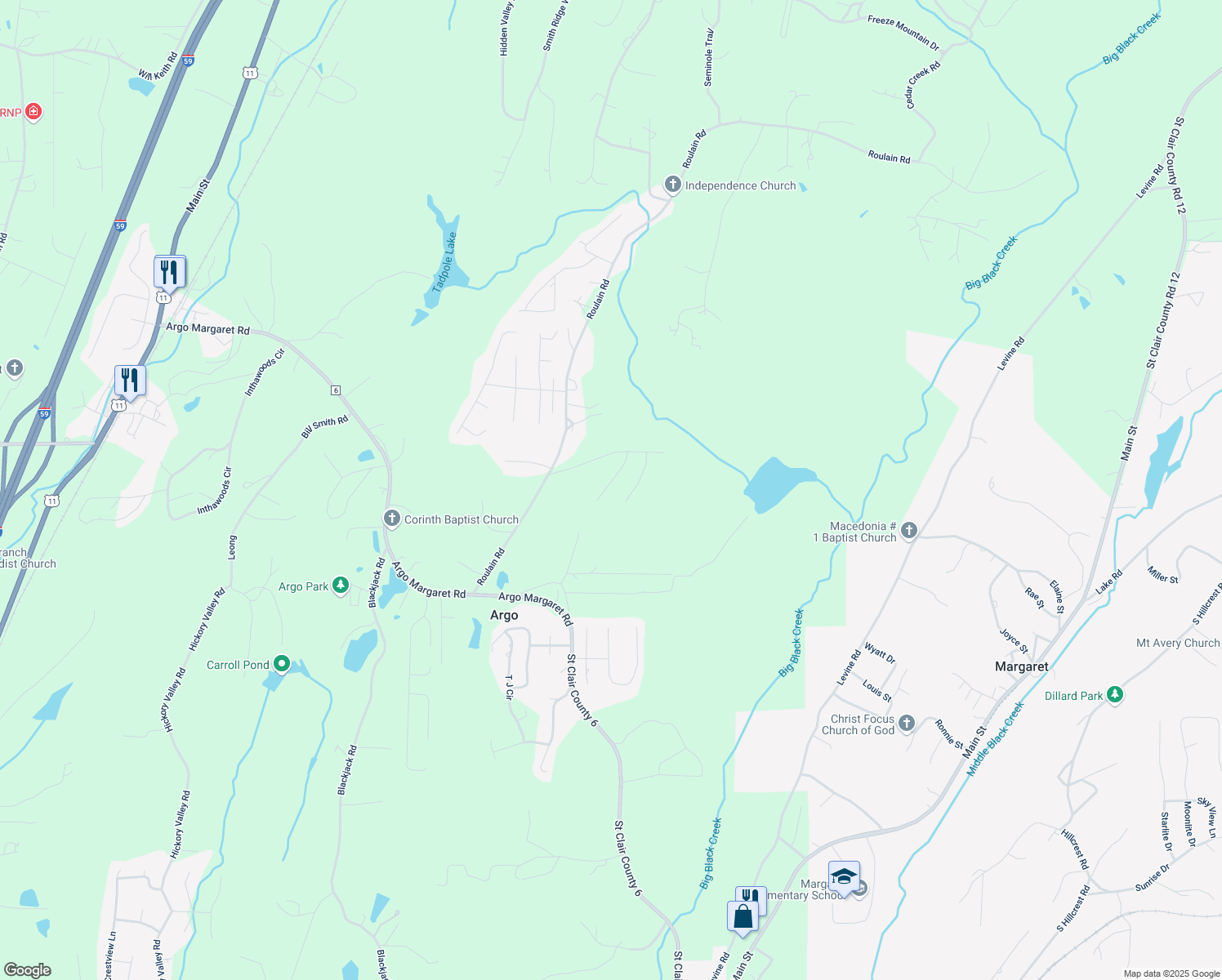 map of restaurants, bars, coffee shops, grocery stores, and more near 155 Briar Ridge Lane in Odenville
