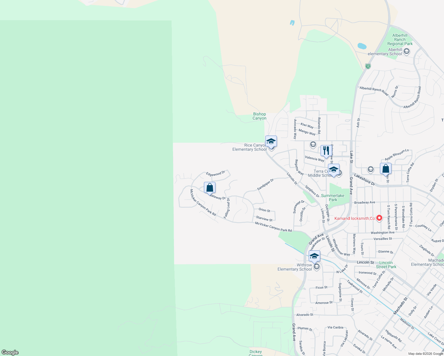 map of restaurants, bars, coffee shops, grocery stores, and more near 29238 Woodbridge Street in Lake Elsinore