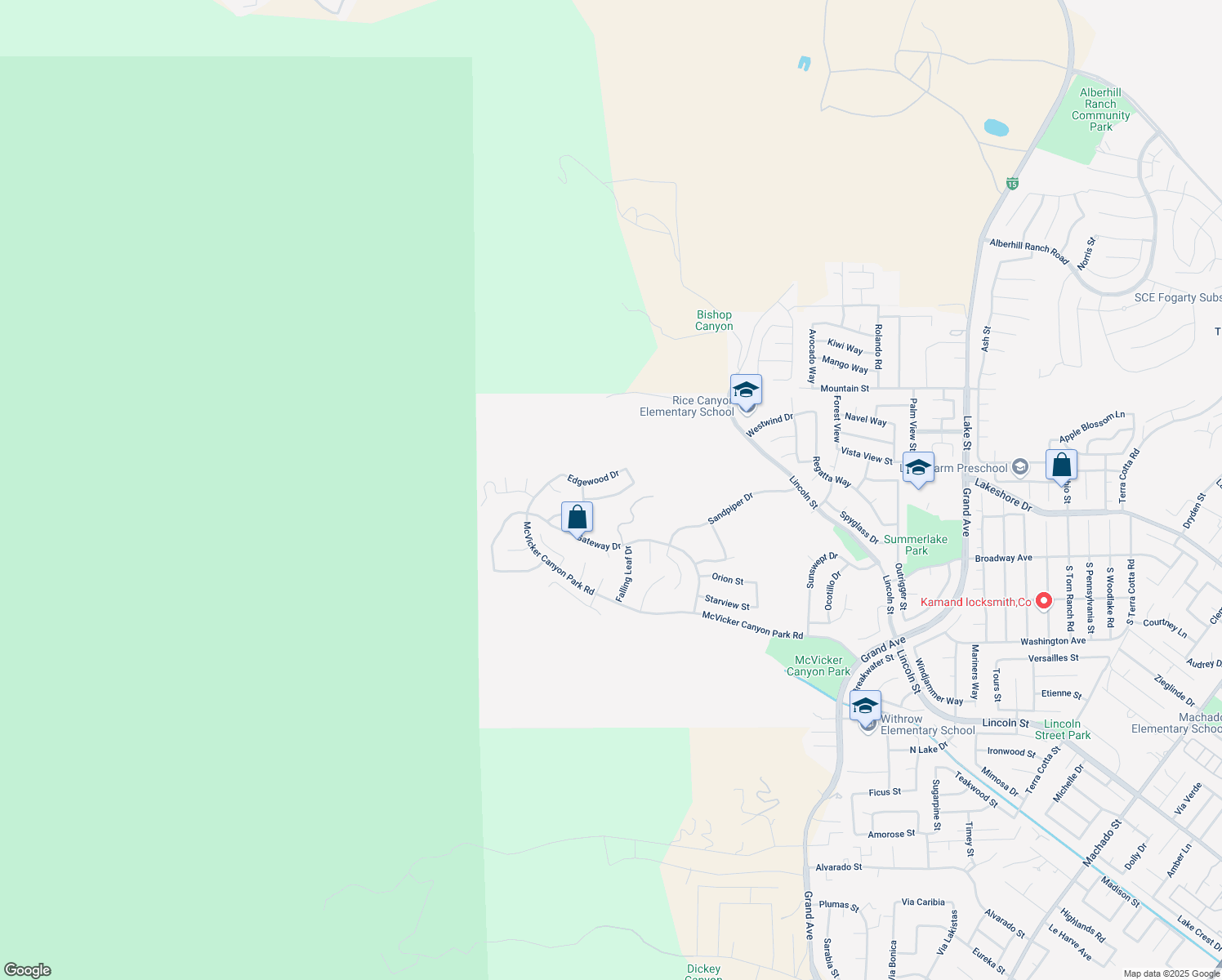 map of restaurants, bars, coffee shops, grocery stores, and more near 29238 Woodbridge Street in Lake Elsinore