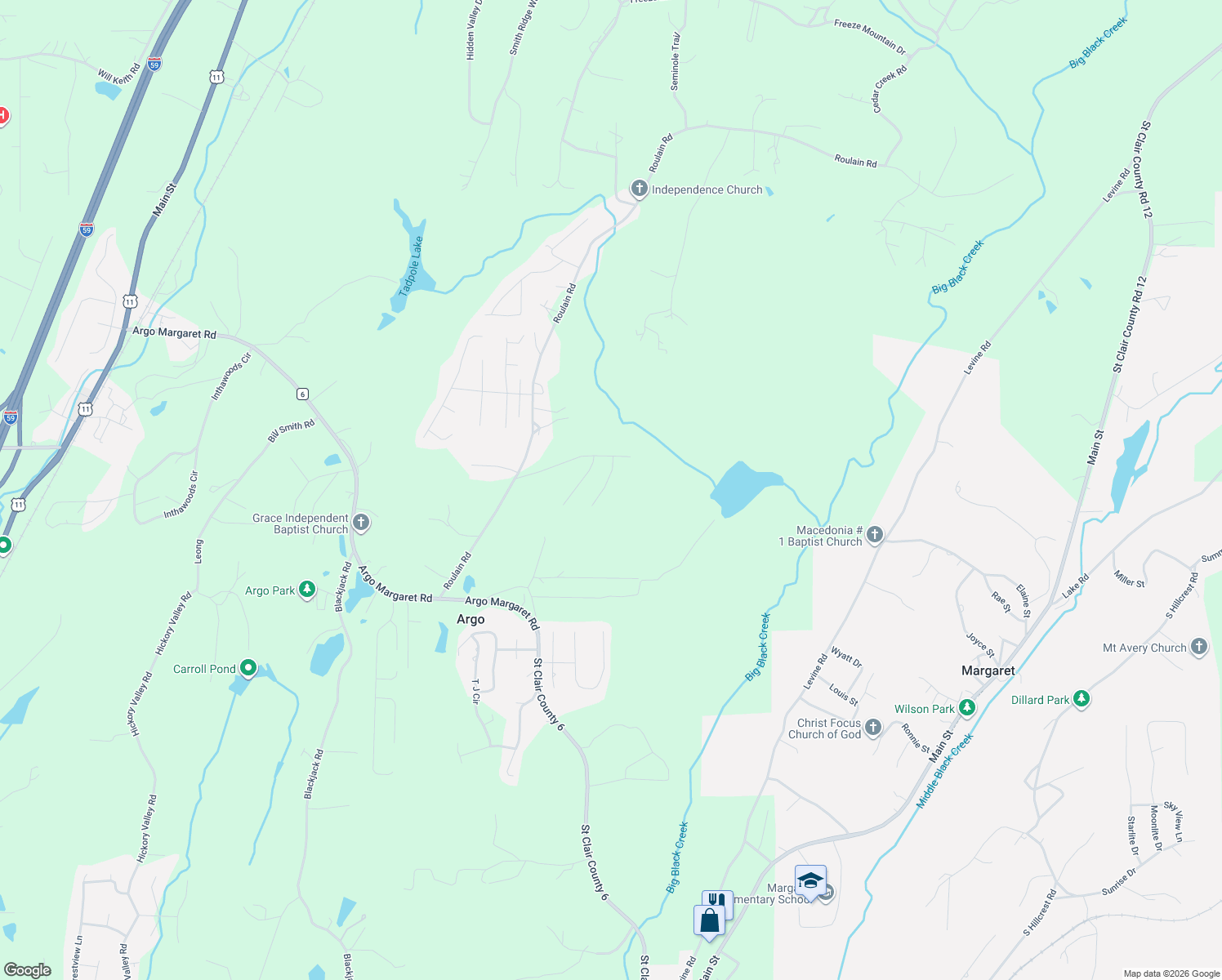 map of restaurants, bars, coffee shops, grocery stores, and more near 565 Briar Ridge Circle in Odenville
