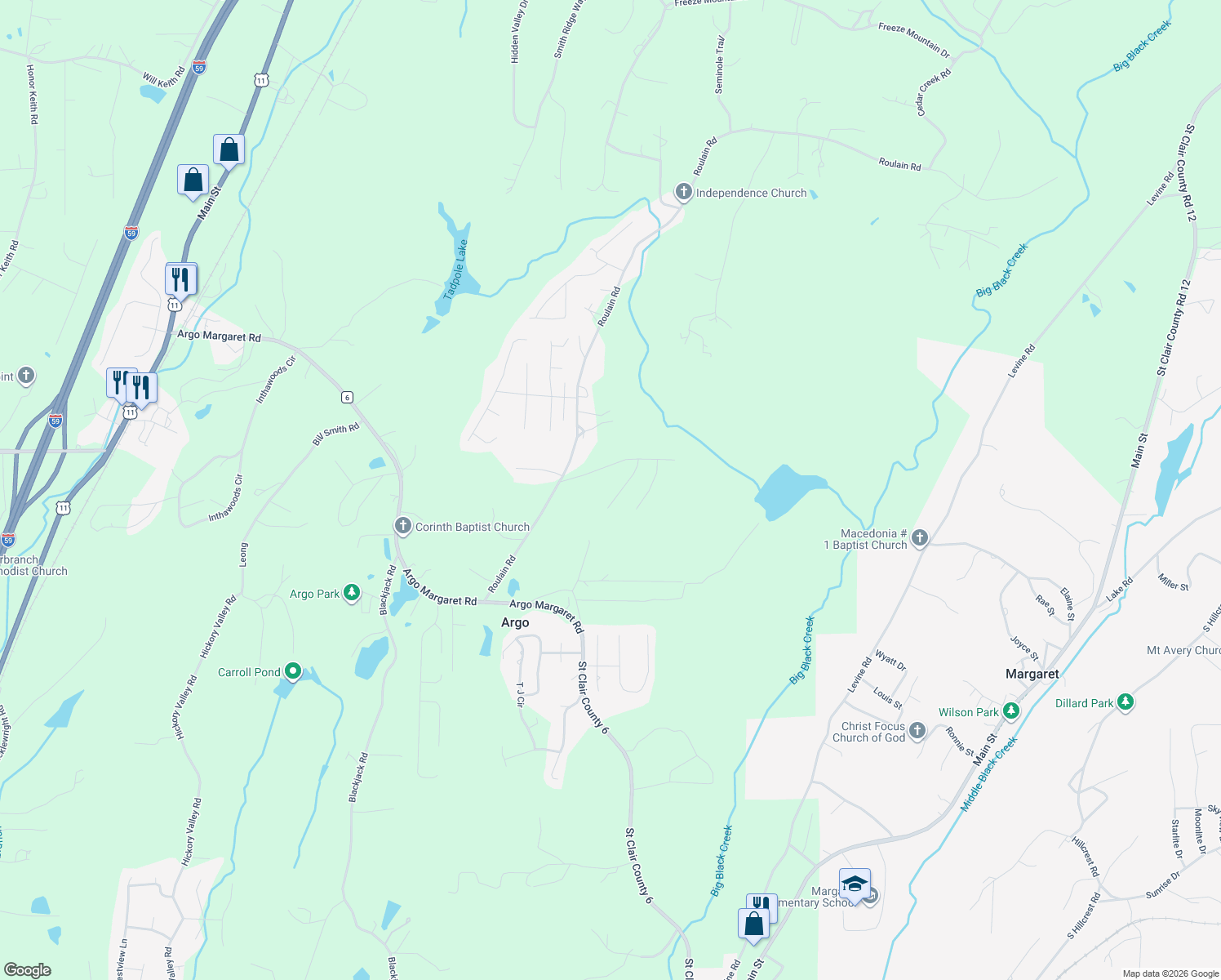 map of restaurants, bars, coffee shops, grocery stores, and more near 160 Briar Ridge Circle in Odenville