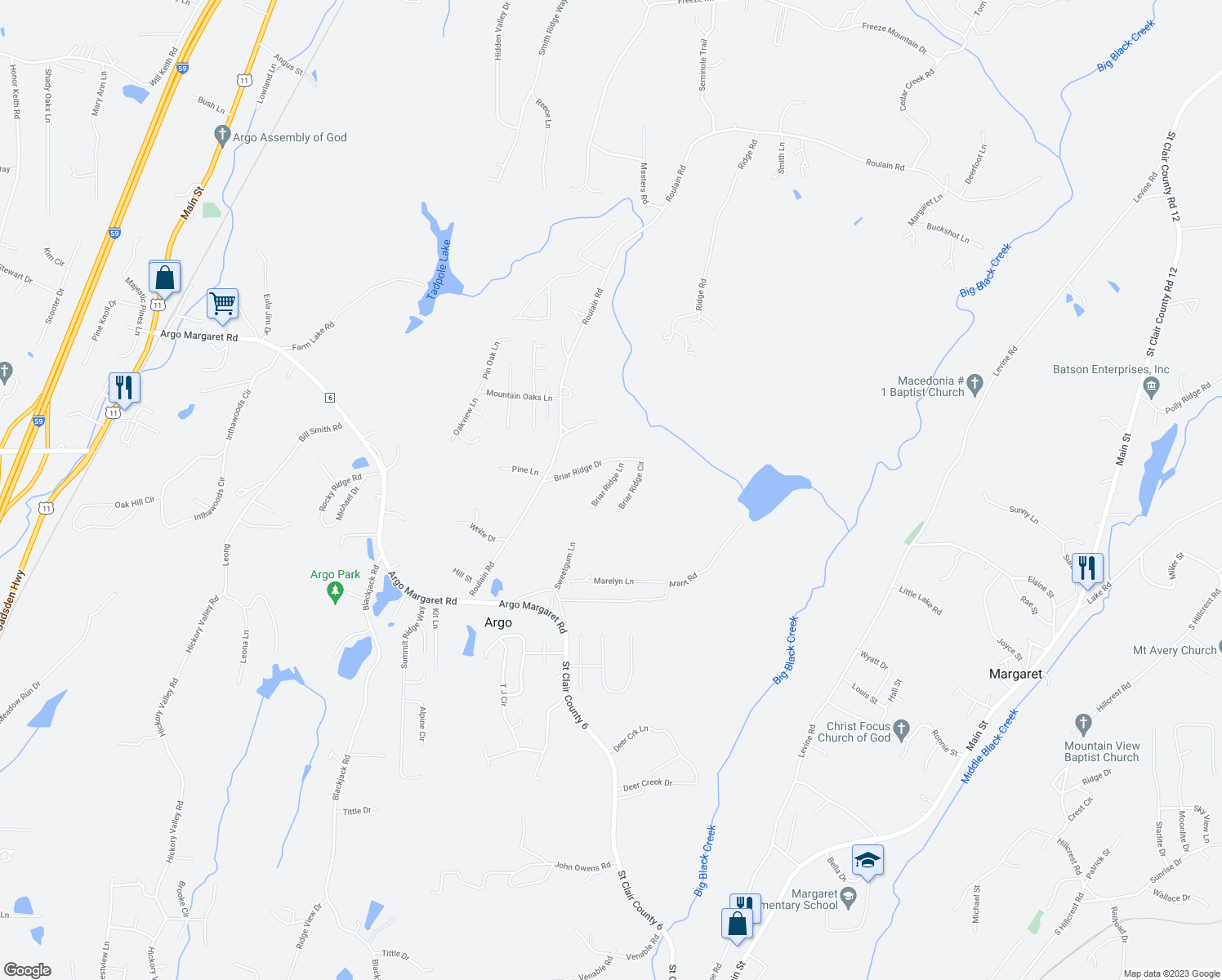 map of restaurants, bars, coffee shops, grocery stores, and more near 125 Briar Ridge Circle in Odenville
