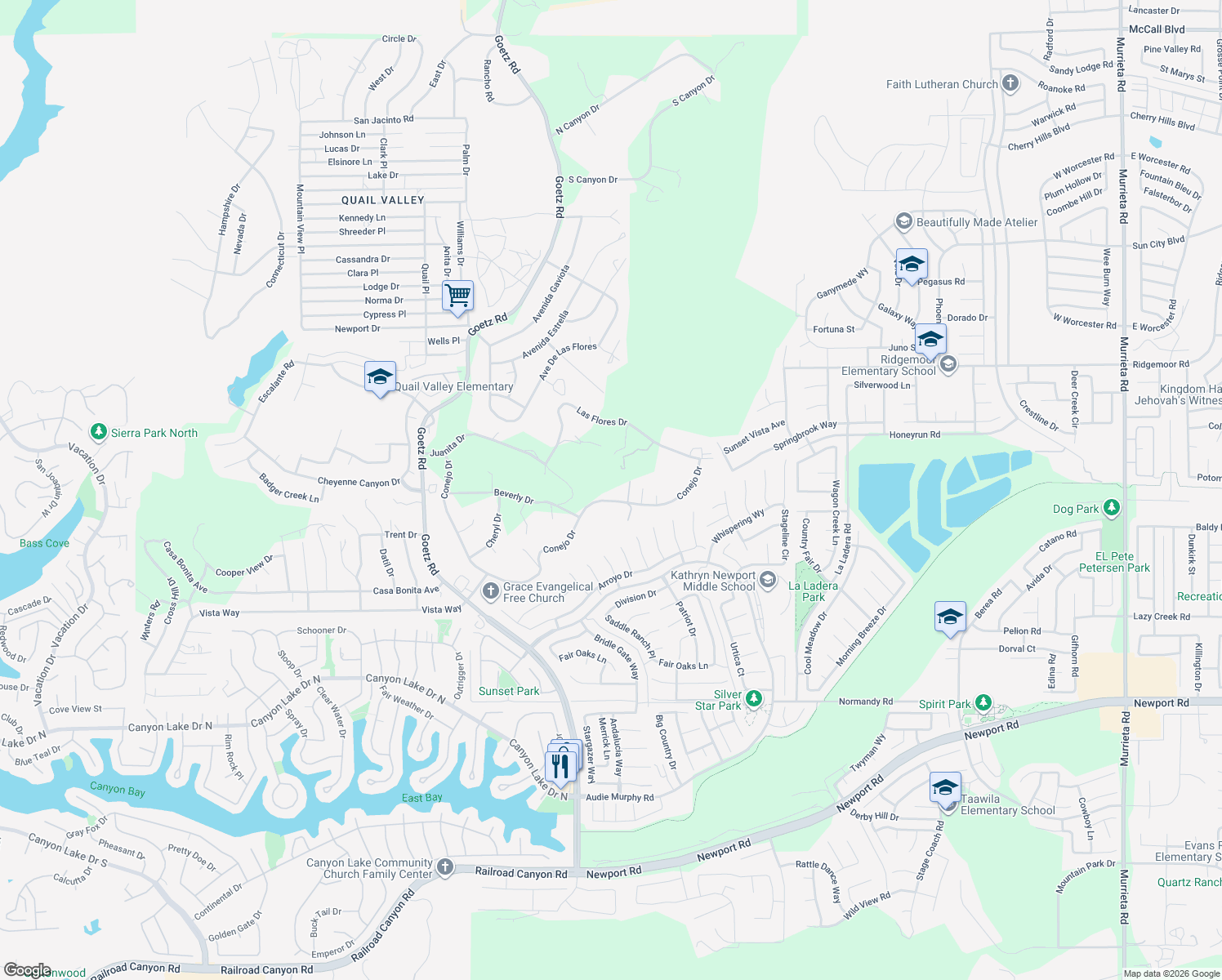 map of restaurants, bars, coffee shops, grocery stores, and more near 24460 Conejo Drive in Menifee