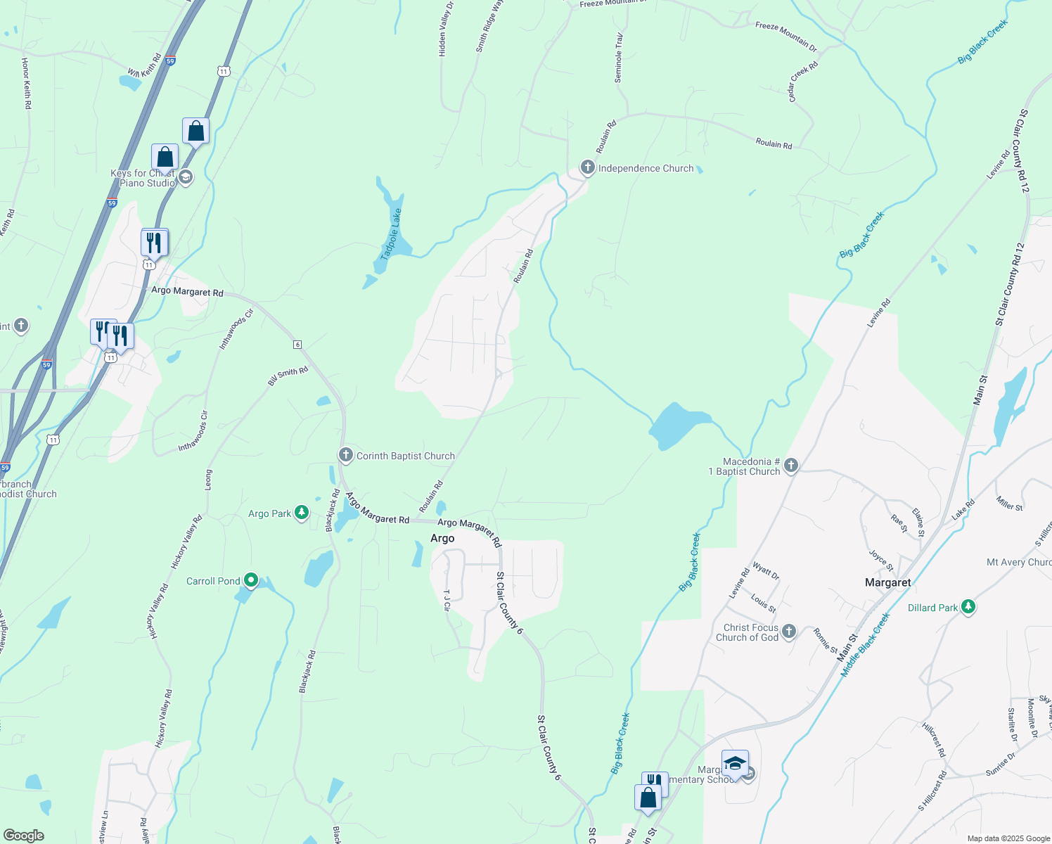 map of restaurants, bars, coffee shops, grocery stores, and more near 150 Briar Ridge Circle in Odenville