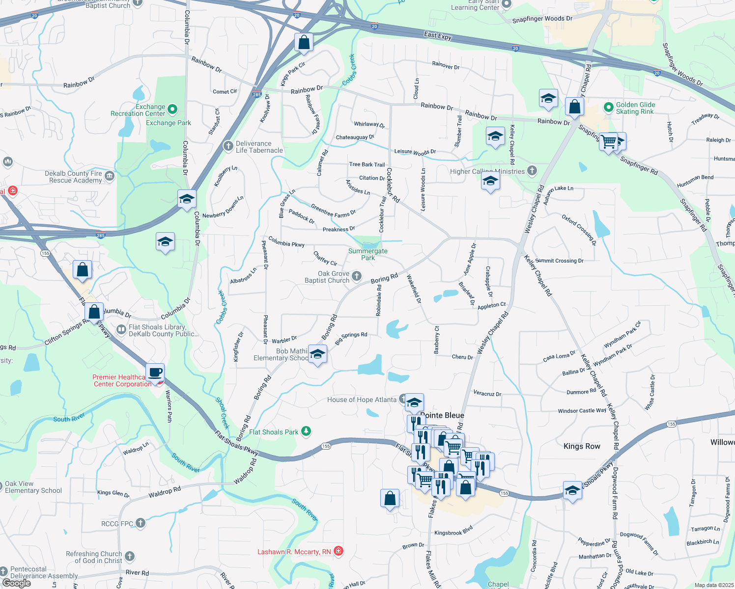 map of restaurants, bars, coffee shops, grocery stores, and more near 3714 Robindale Court in Decatur