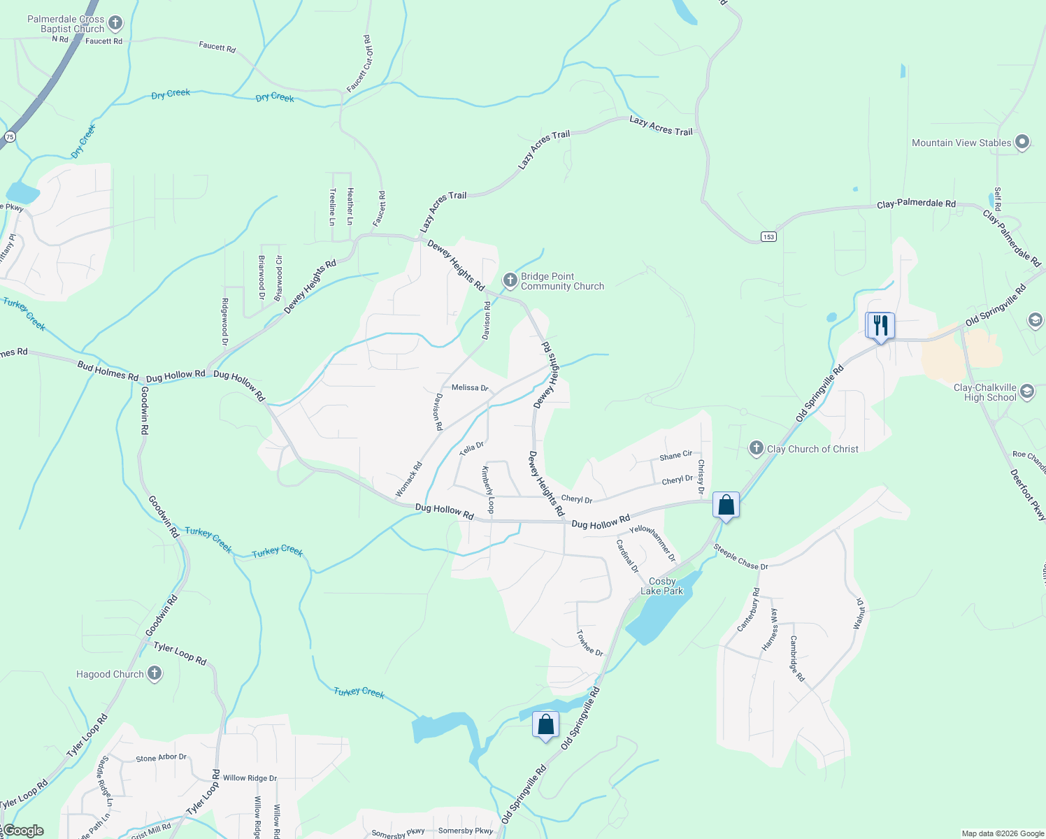 map of restaurants, bars, coffee shops, grocery stores, and more near 5650 Oak Hollow Road in Pinson