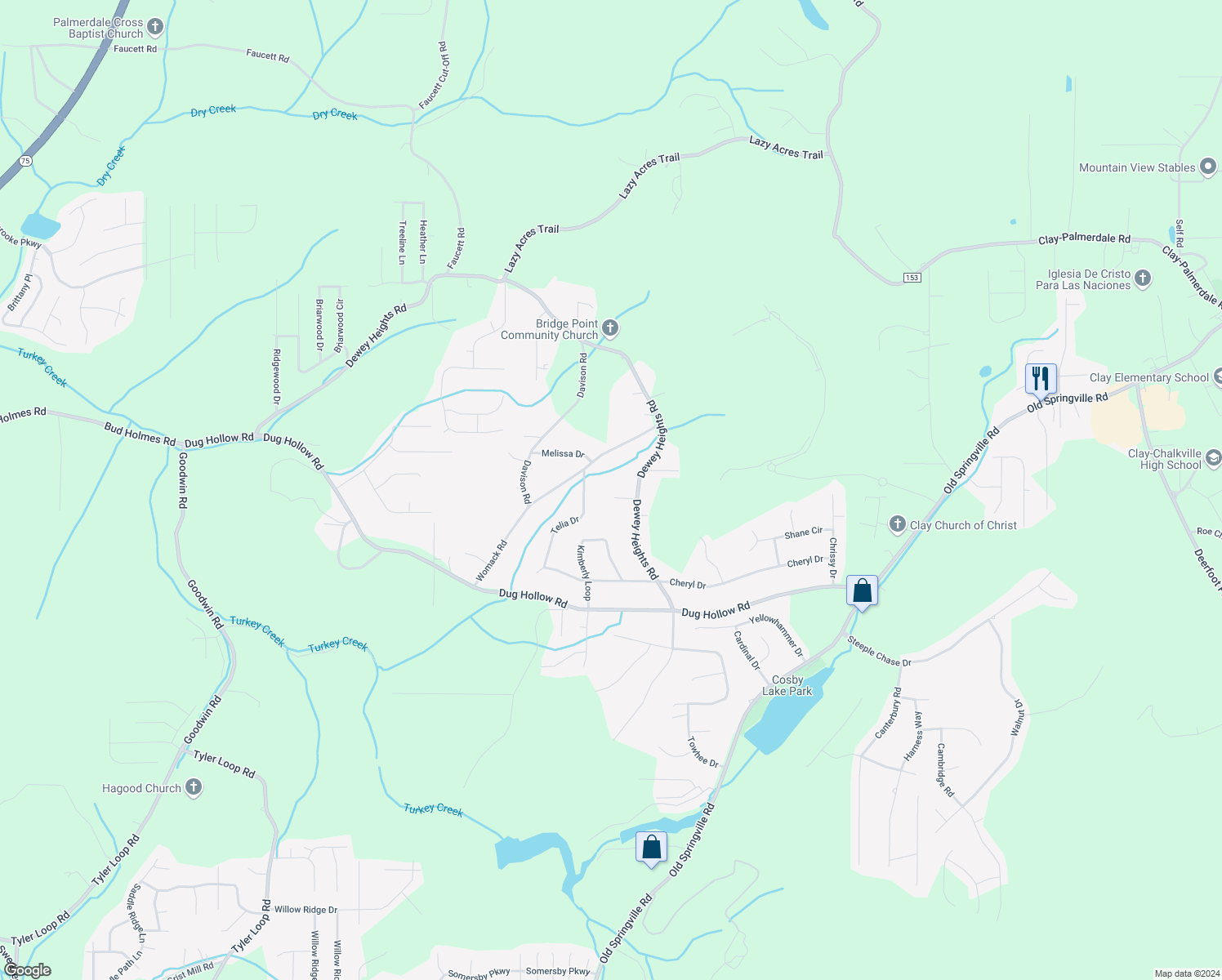 map of restaurants, bars, coffee shops, grocery stores, and more near 5650 Oak Hollow Road in Pinson