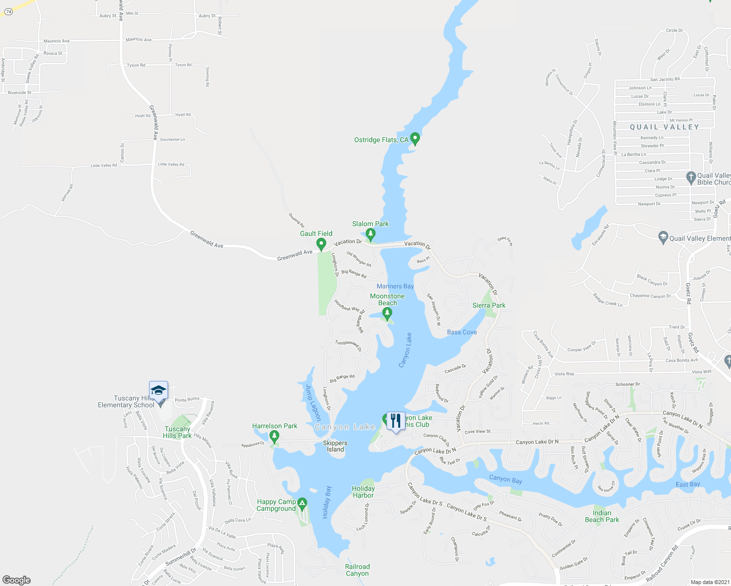 map of restaurants, bars, coffee shops, grocery stores, and more near 29271 Stampede Way in Canyon Lake