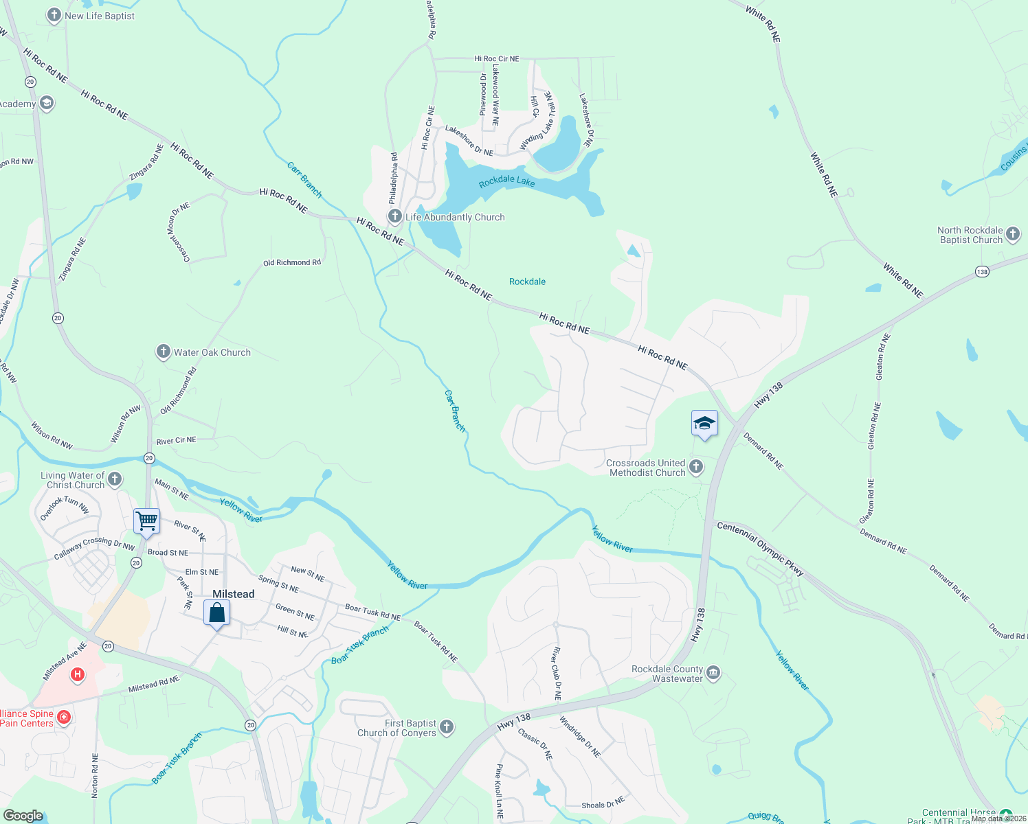 map of restaurants, bars, coffee shops, grocery stores, and more near 2099 Jessica Way in Conyers