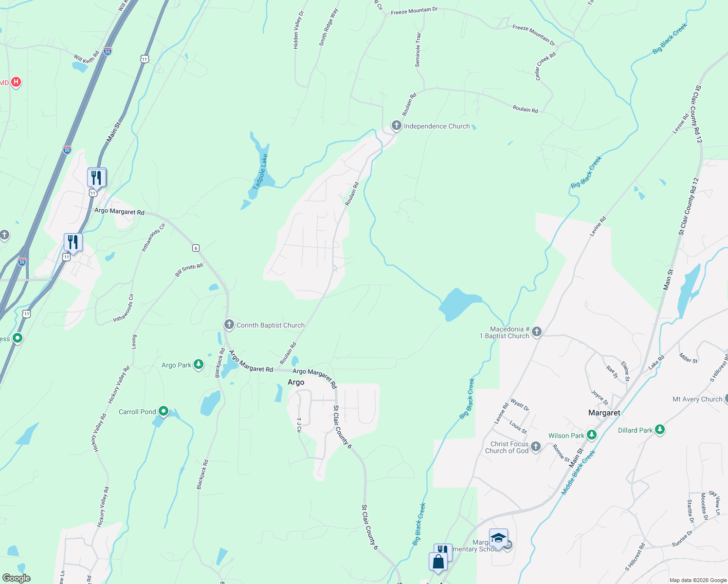 map of restaurants, bars, coffee shops, grocery stores, and more near 95 Briar Ridge Circle in Odenville