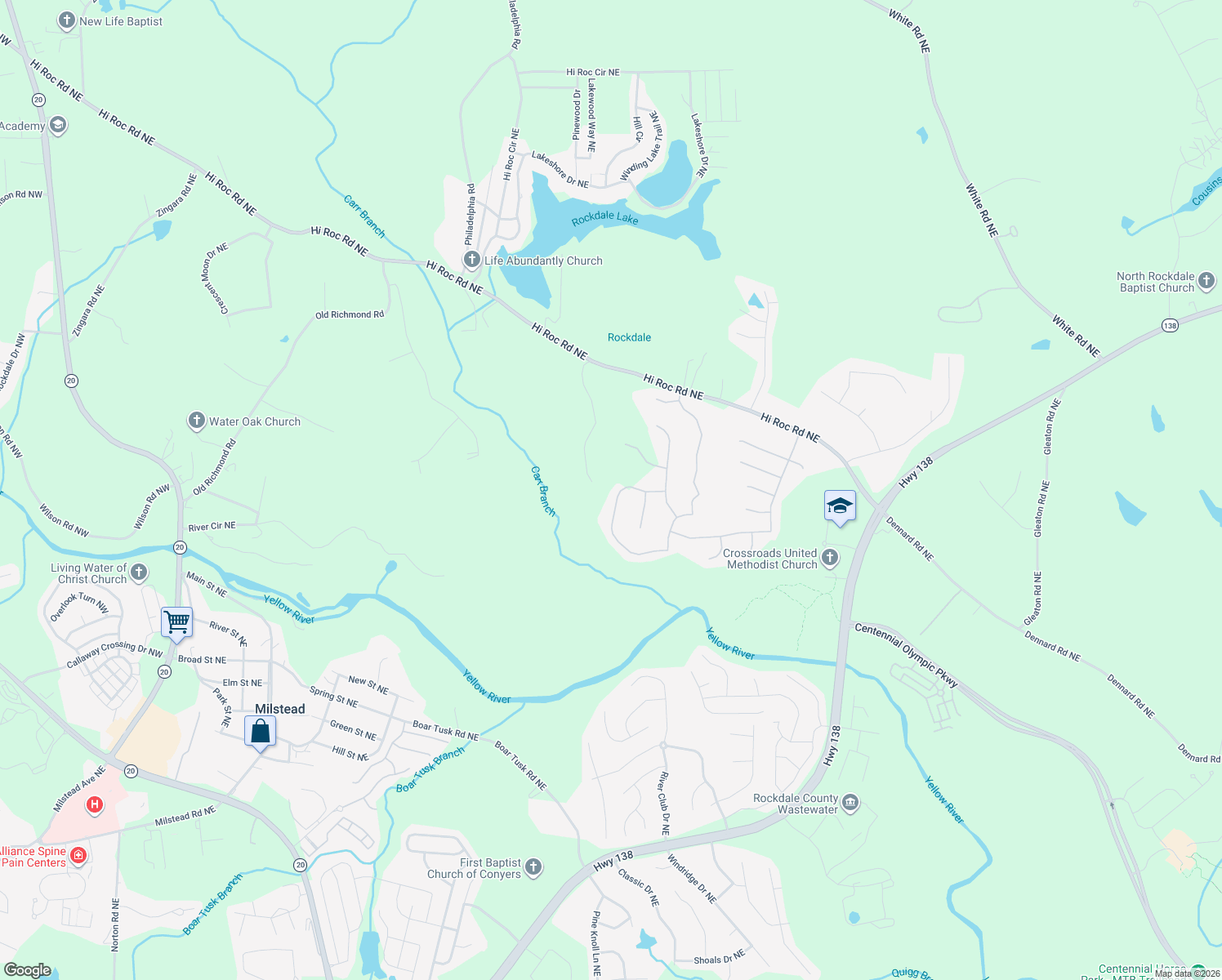 map of restaurants, bars, coffee shops, grocery stores, and more near 2099 Jessica Way in Conyers
